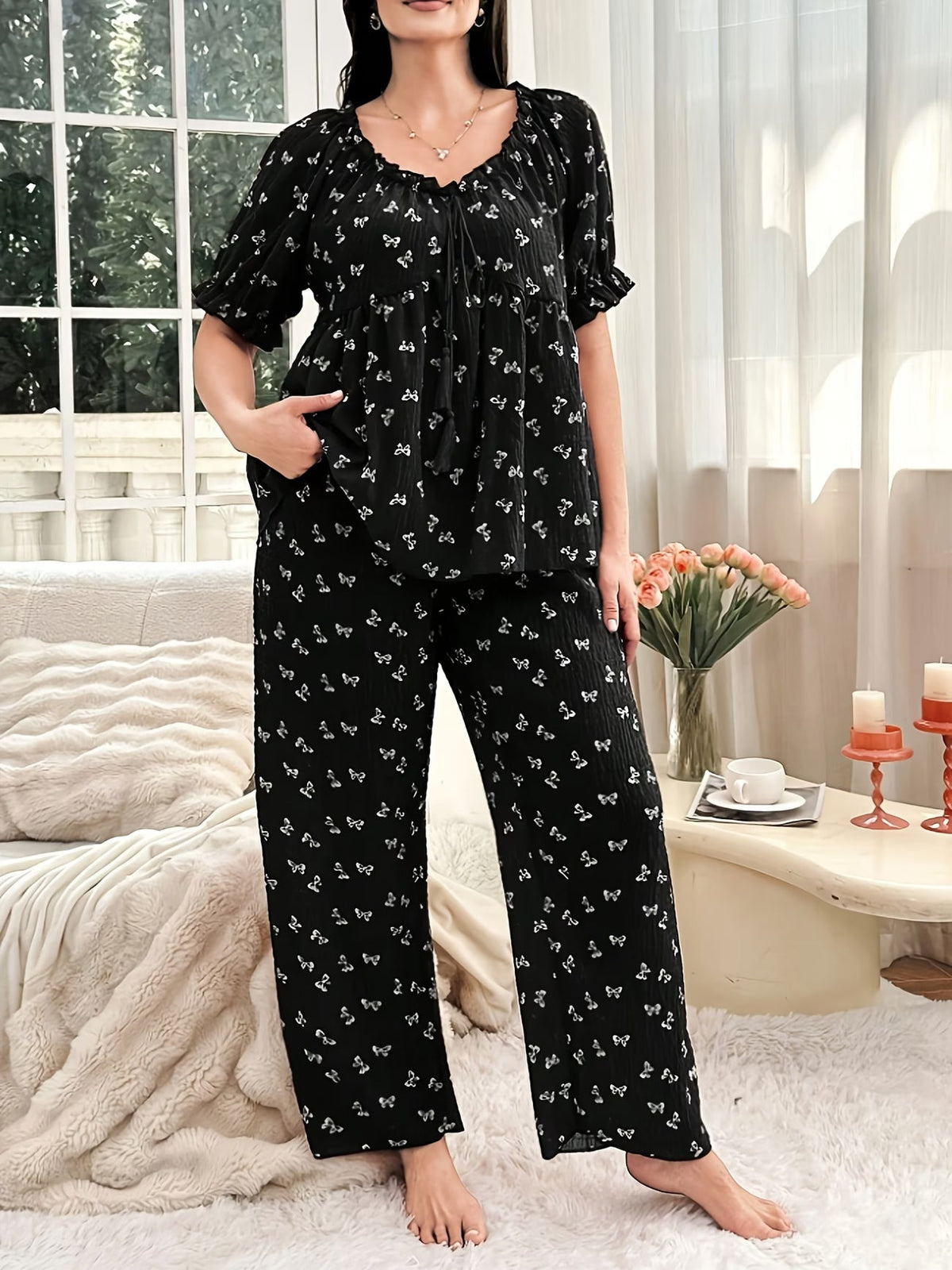 Chic Bow Print Lounge Co-Ord Set