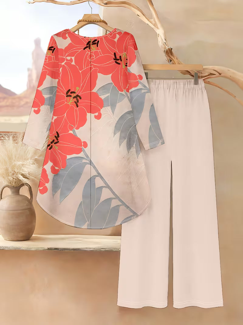Women’s Long-Sleeve Floral Suit – Light Red Flowers on Gray, Casual & Vacation Wear