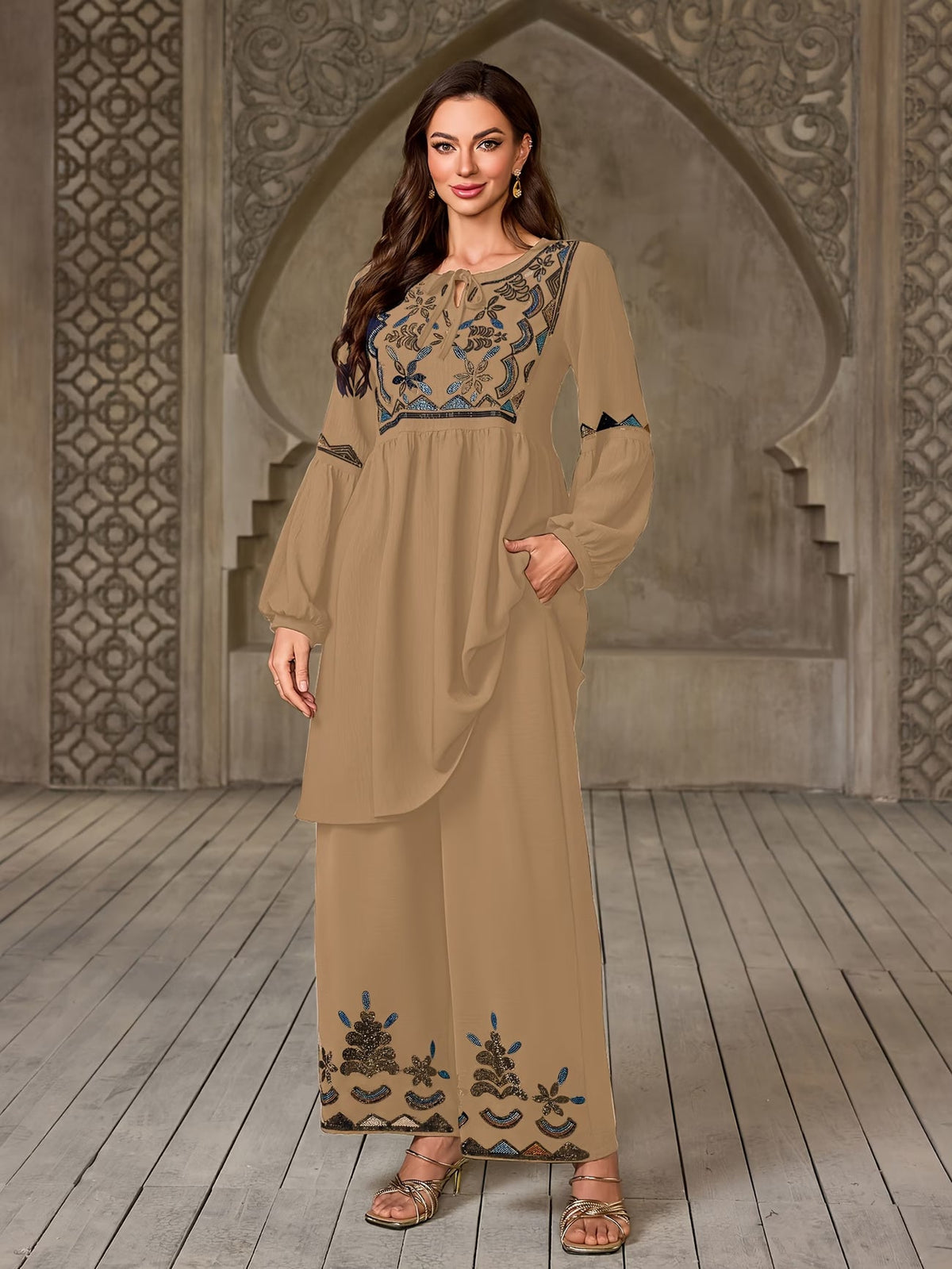 Women's Elegant Rhinestone Detail Long Sleeve Top & Wide-Leg Pants Set