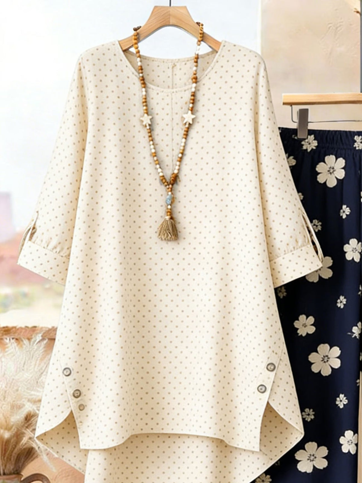 Plus Size Bohemian Printed Co-Ord Set – V-Neck Casual Tunic & Pants Outfit