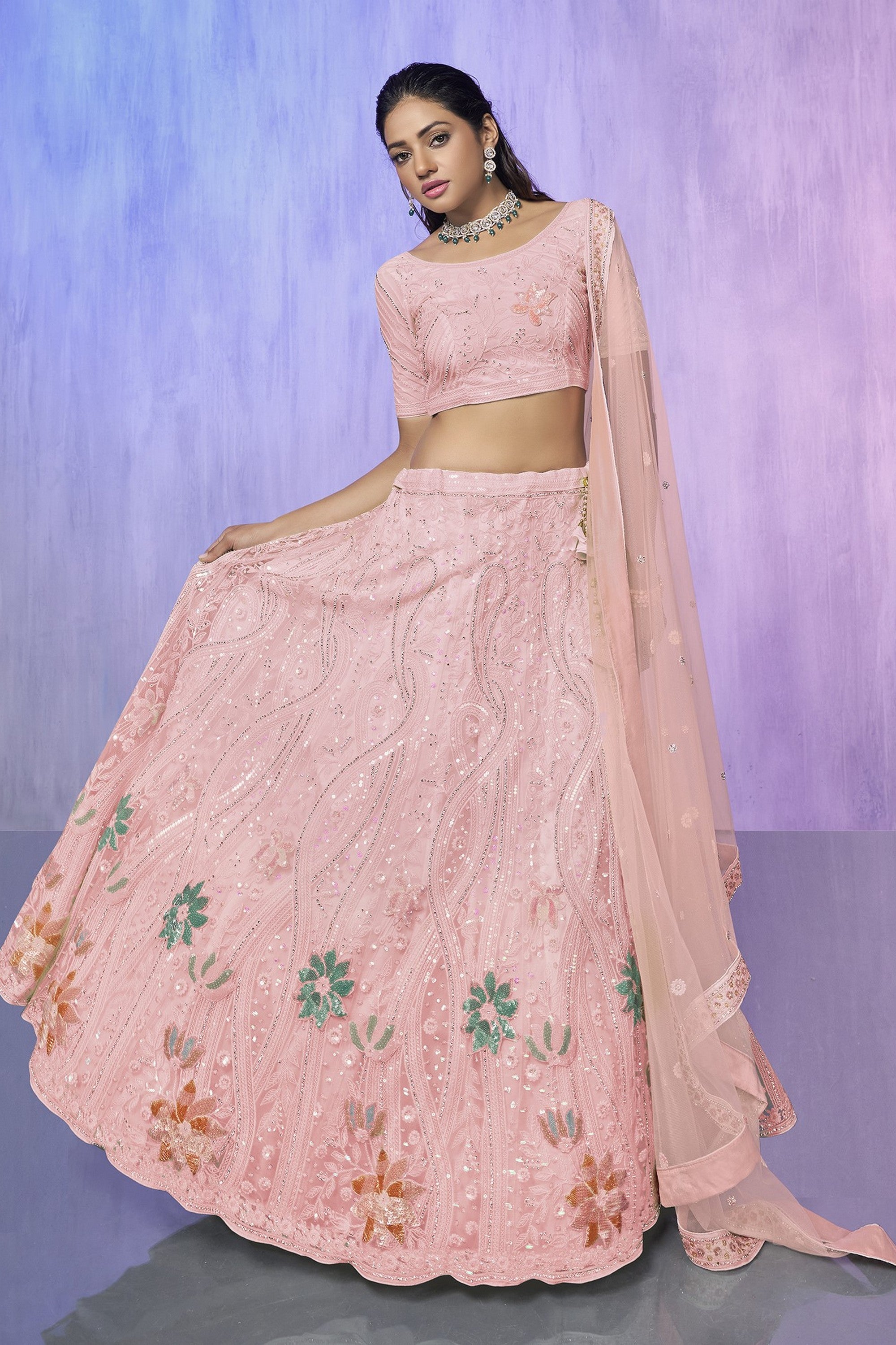 Peach Pakistani Net Lehenga Choli For Indian Festivals & Weddings