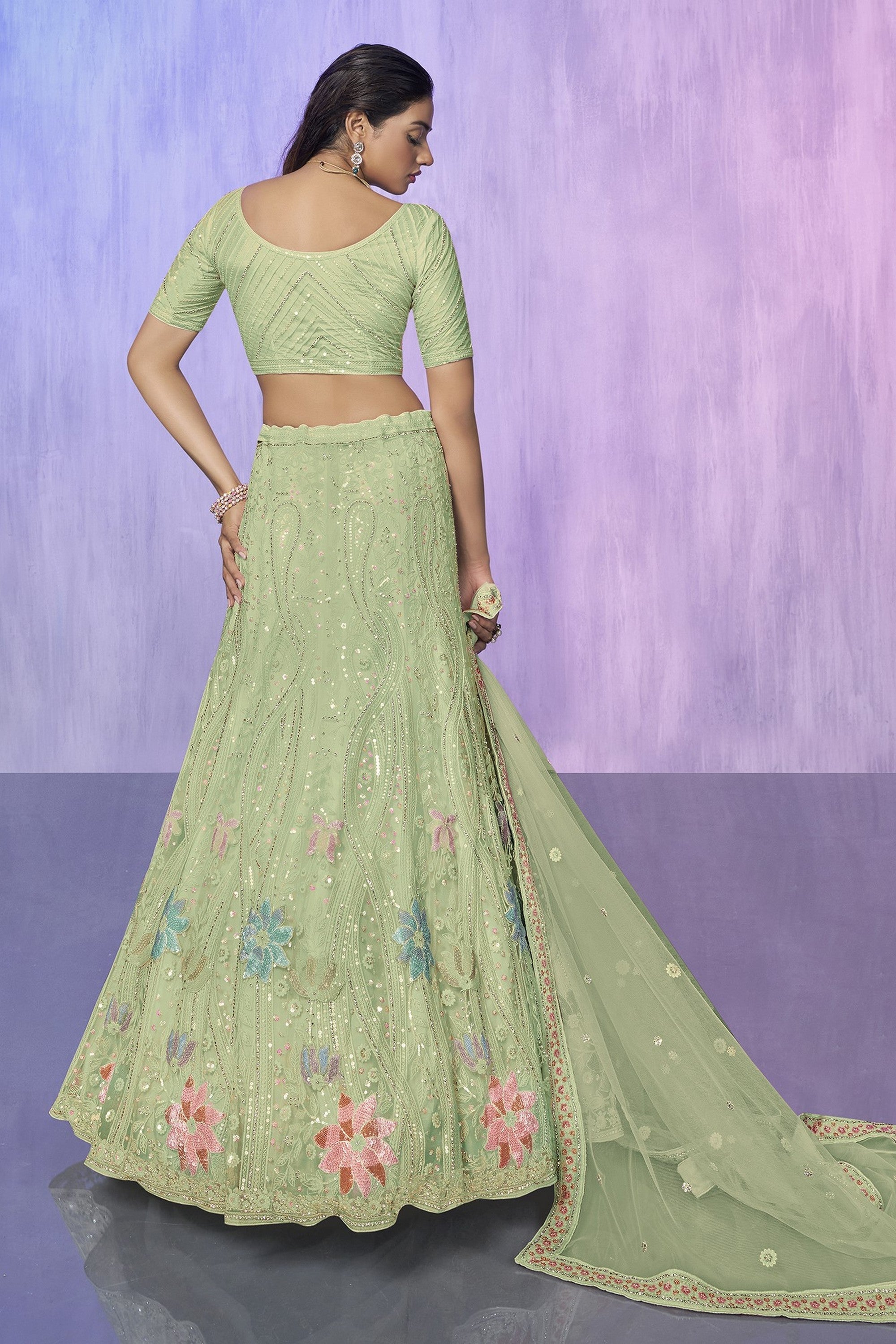 Green Pakistani Net Lehenga Choli For Indian Festivals & Weddings