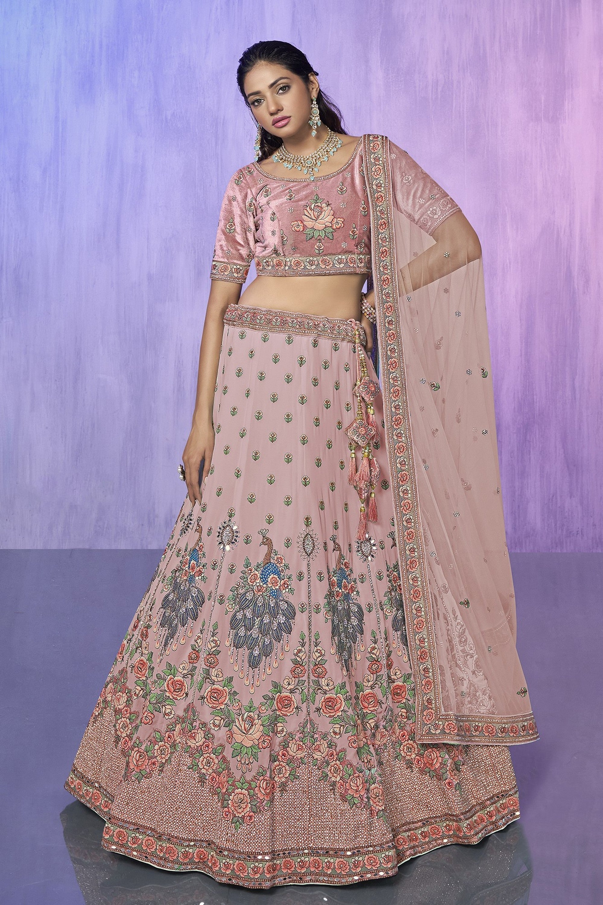 Peach Pakistani Velvet Lehenga Choli For Indian Festivals & Weddings