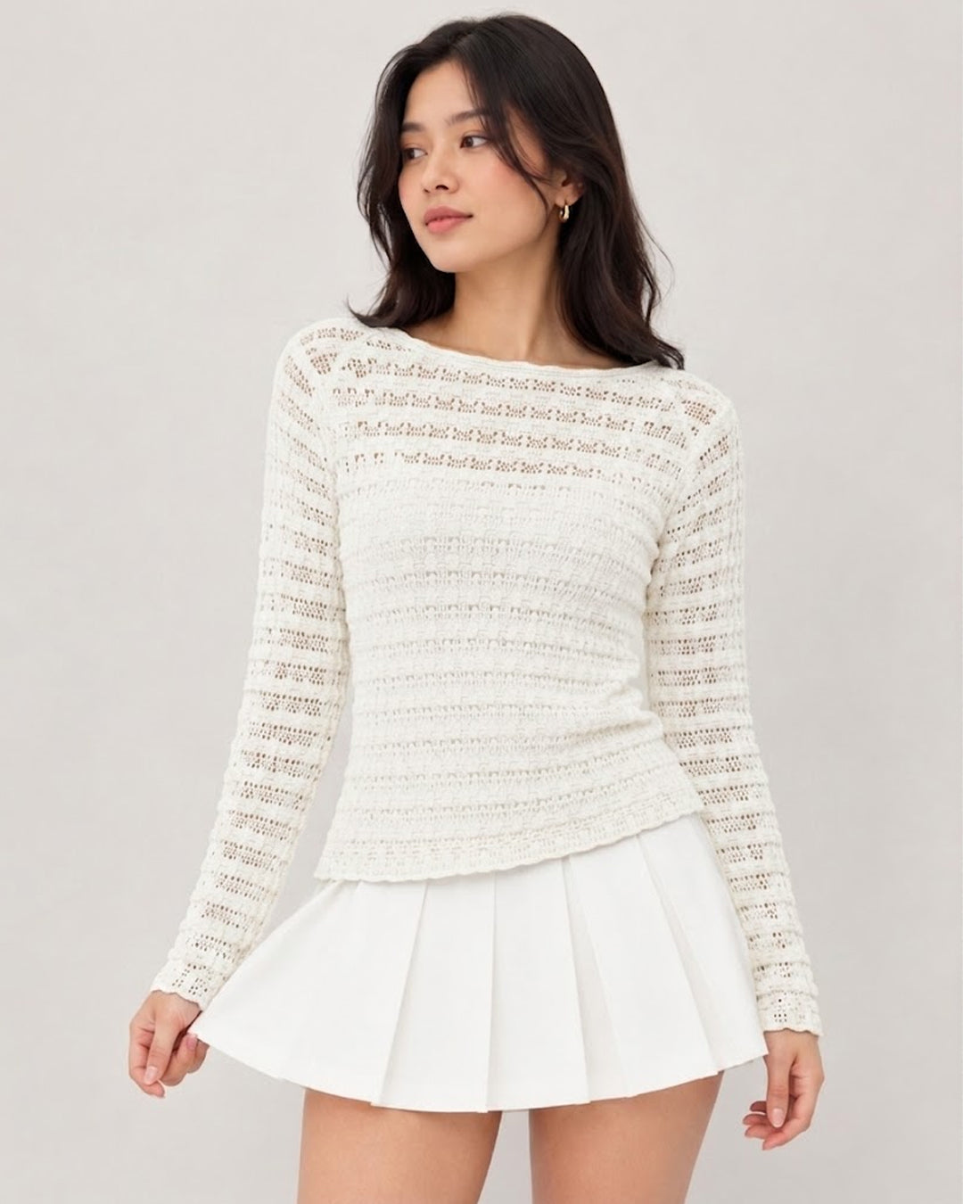 Relaxed Boat Neck Long Sleeve Top in Sand Beige