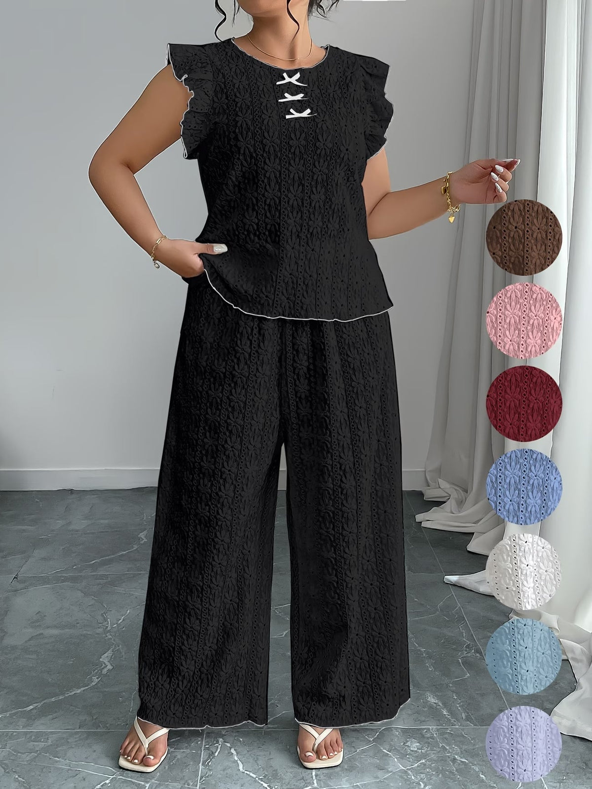 women Round Neck Mushroom Sleeve Top & Straight Pants
