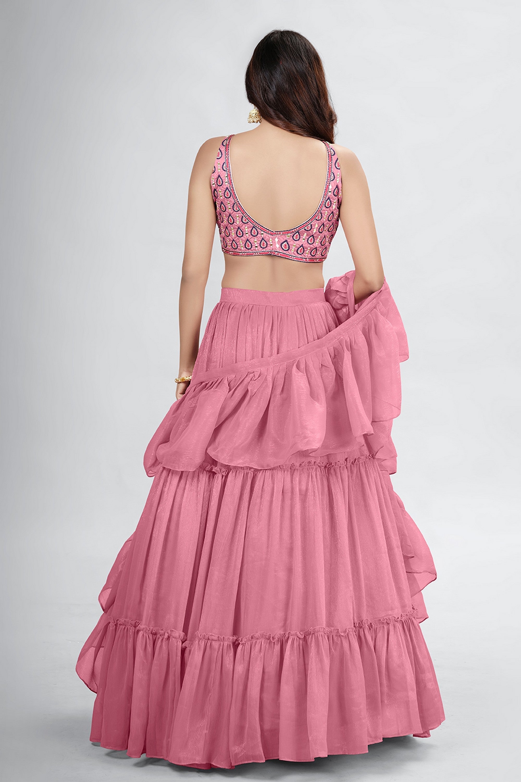 Pink Pakistani Art Silk Lehenga Choli For Indian Festivals & Weddings - Thread Embroidery Work,