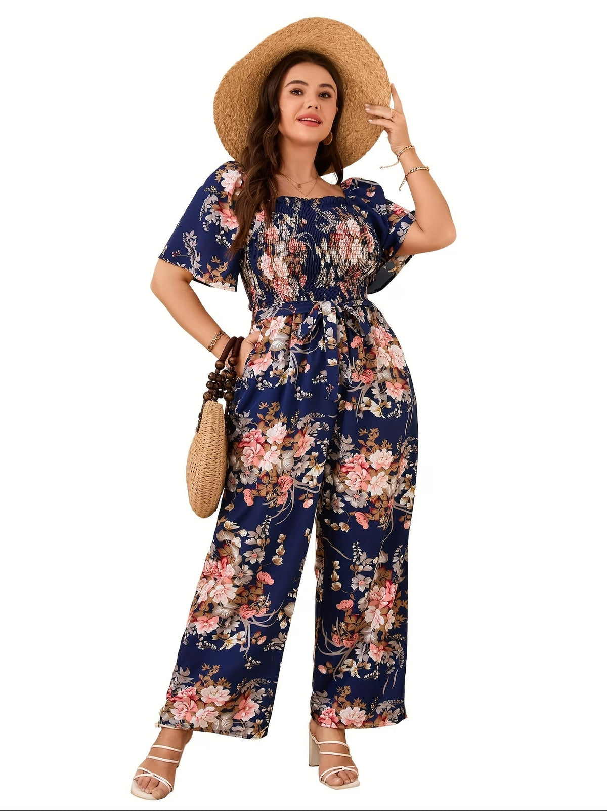CurveBloom Plus Size Floral Wide-Leg Jumpsuit with Tie Belt