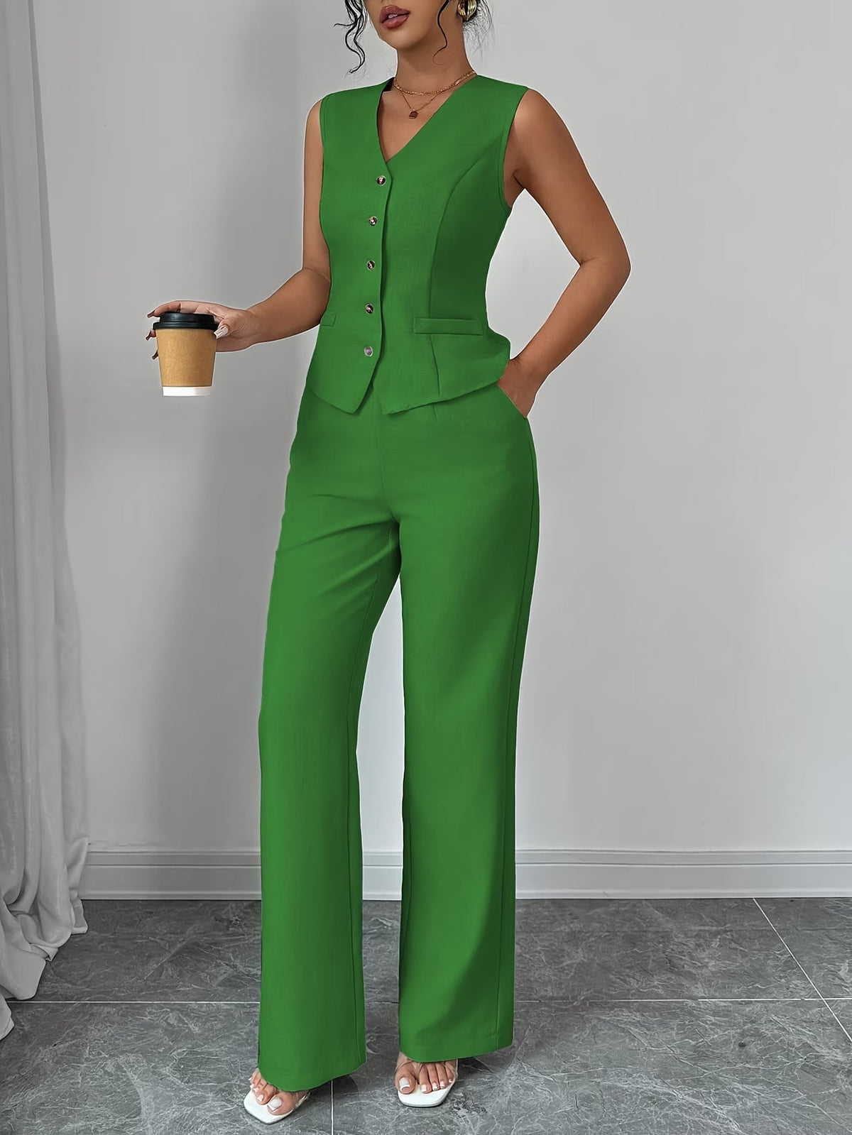 Women's Sleeveless Waist-Cinched Vest & Wide-Leg Pants Two-Piece Set