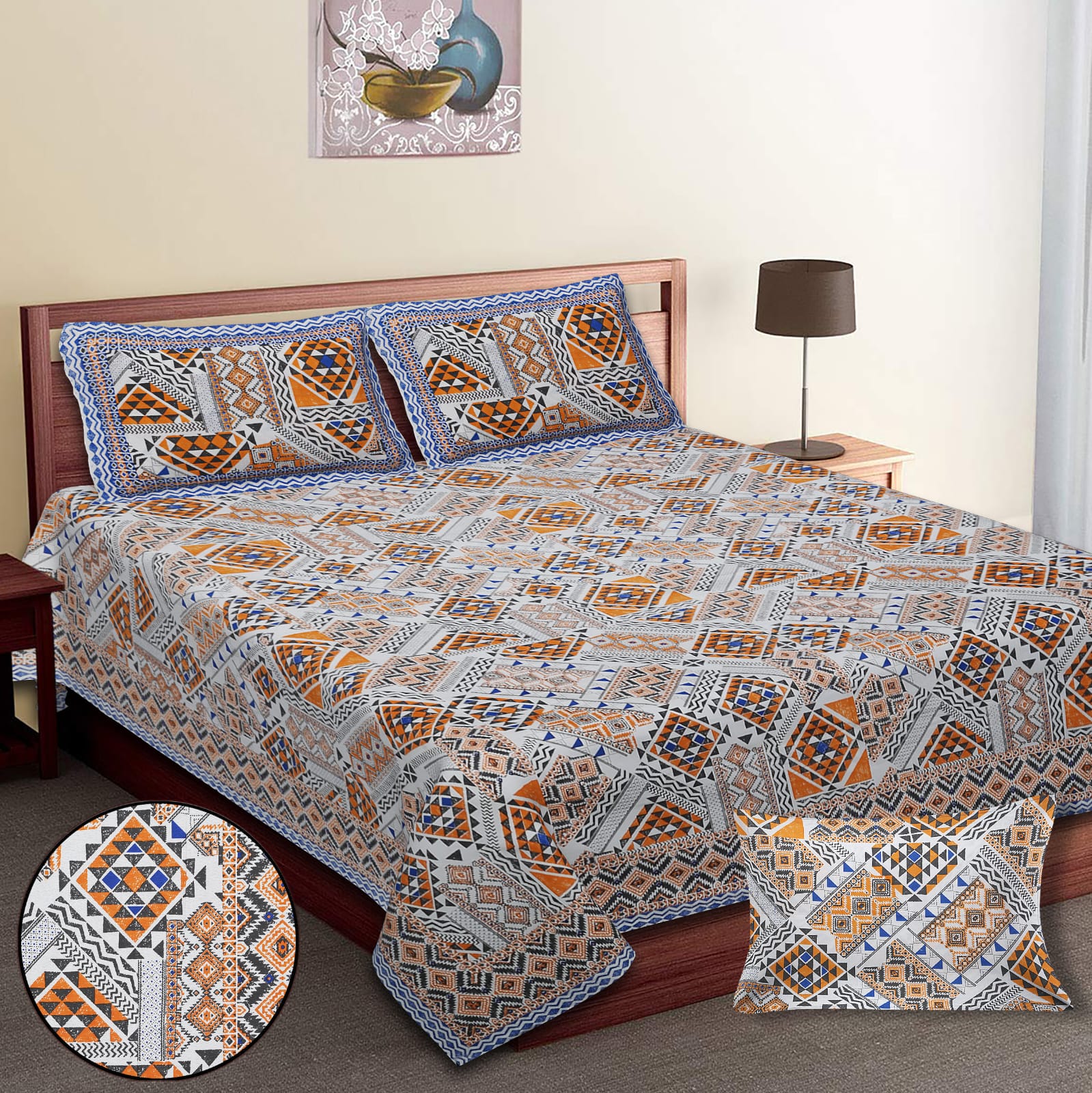 King-Size Bed Sheet Set with 2 Pillow Covers (Cotton Autoloom Fabric)