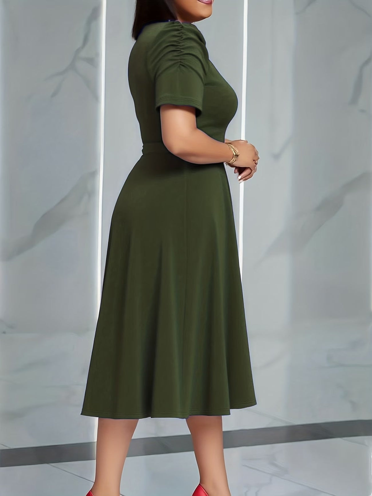 Women's Elegant V-Neck Ruffle Midi Dress with Waist Belt