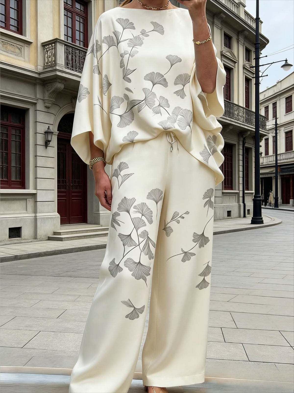 Women's Elegant Printed Batwing Sleeve Two-Piece Set
