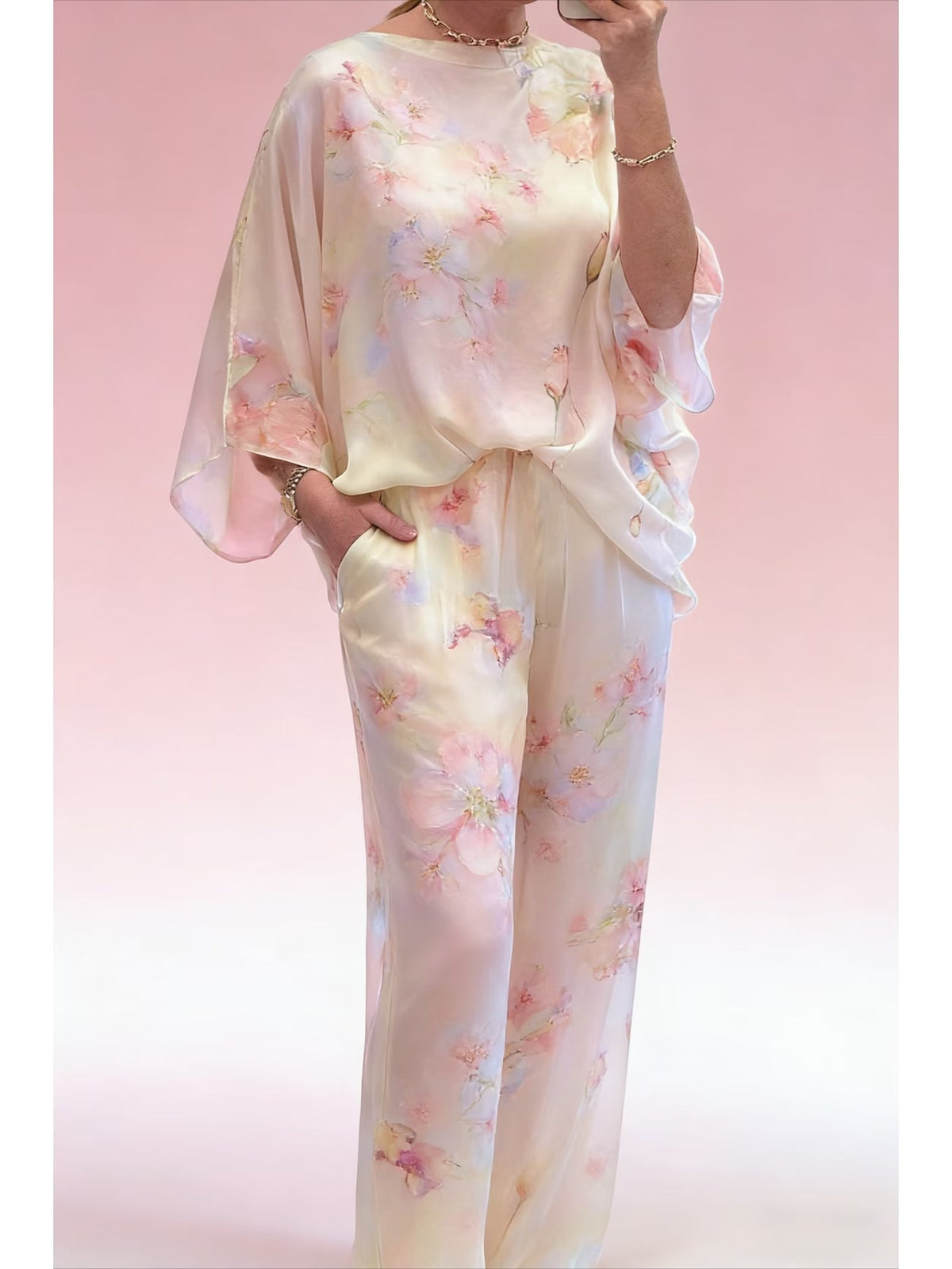 Women's Elegant Printed Batwing Sleeve Two-Piece Set
