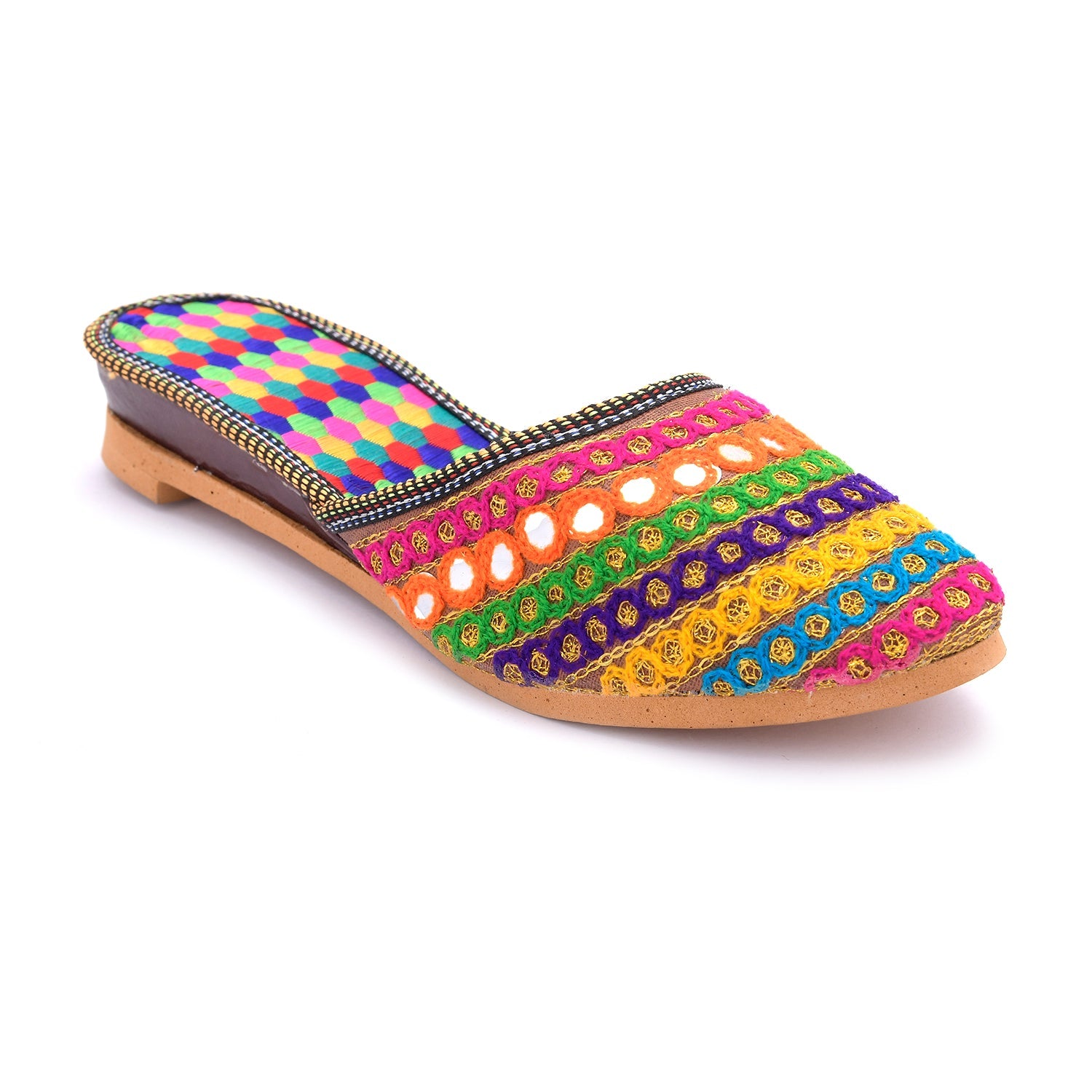 Sukriti Stylish Handmade Kasheda Slip-on Phulkari Mirror and Silk fabric Multicolour Mojari Jutti for Girls & Women