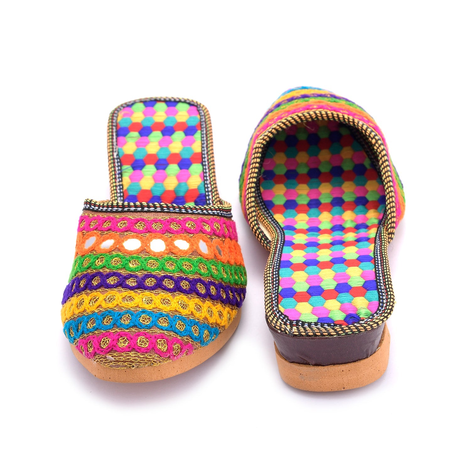 Sukriti Stylish Handmade Kasheda Slip-on Phulkari Mirror and Silk fabric Multicolour Mojari Jutti for Girls & Women