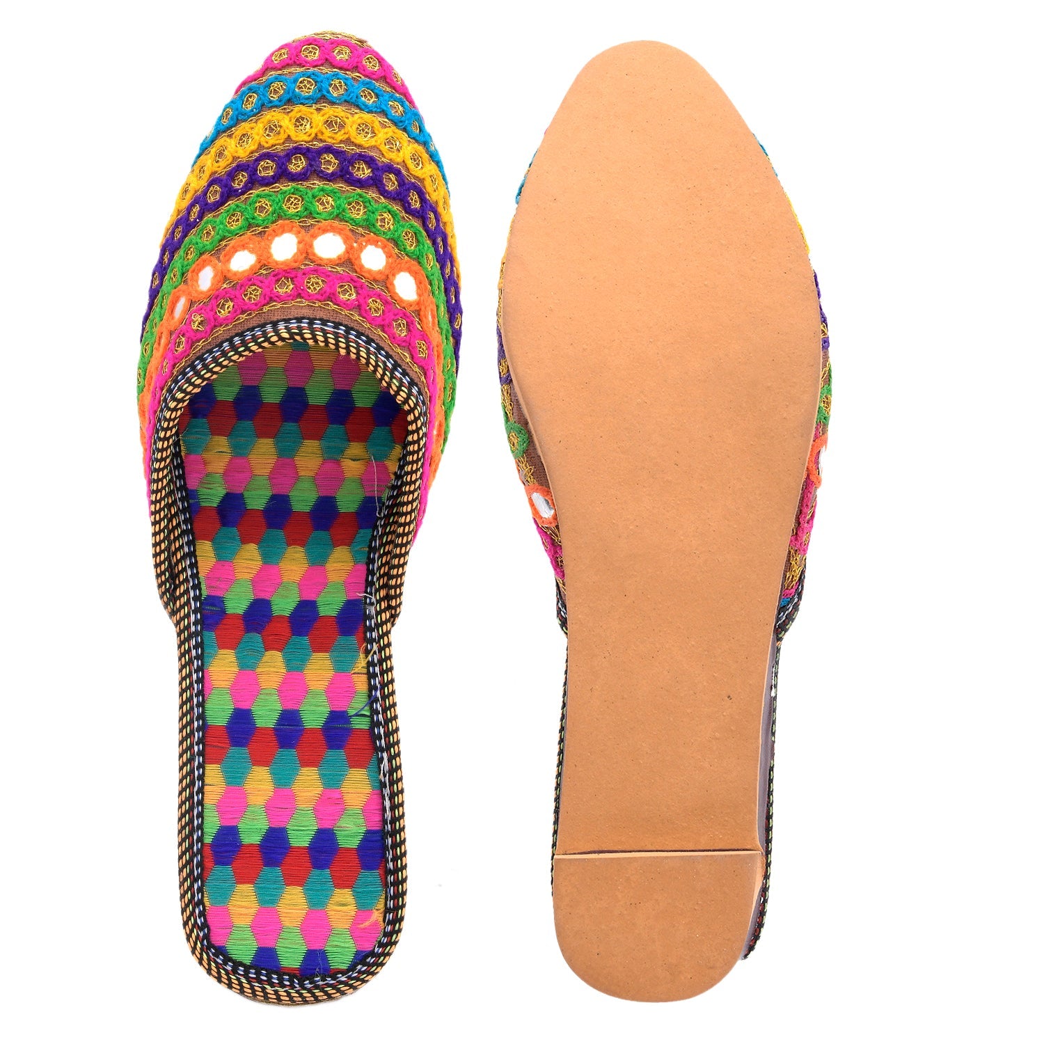 Sukriti Stylish Handmade Kasheda Slip-on Phulkari Mirror and Silk fabric Multicolour Mojari Jutti for Girls & Women