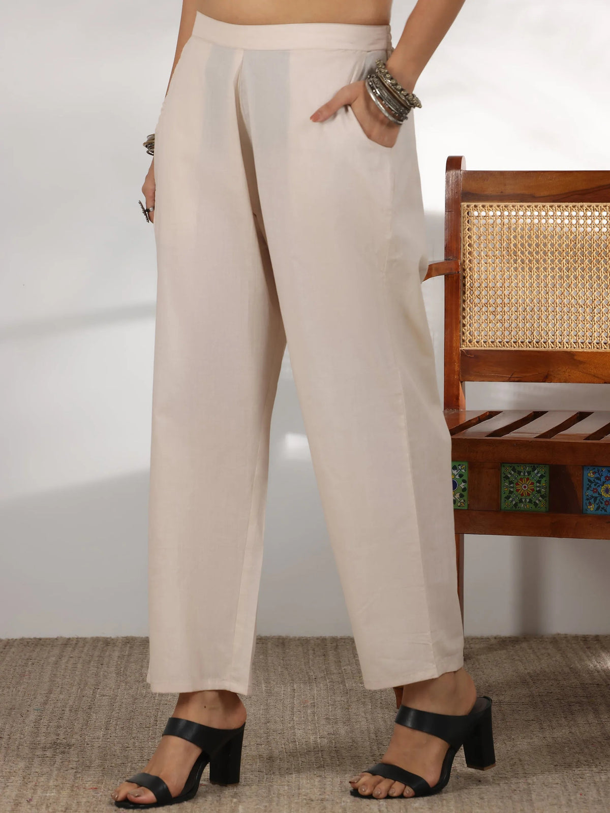 Anouk Beige Embroidered Chanderi Silk Straight Suit With Dupatta
