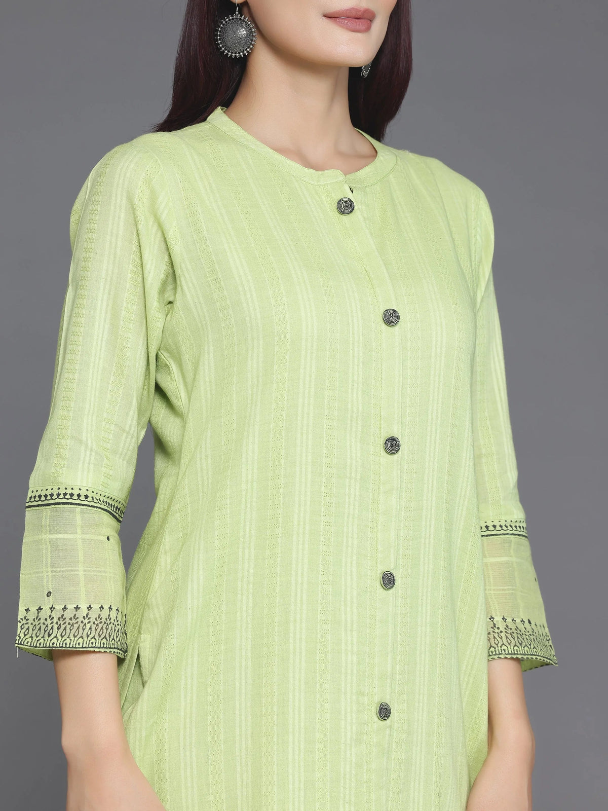 Anouk Green Woven Design Cotton Straight Suit With Dupatta