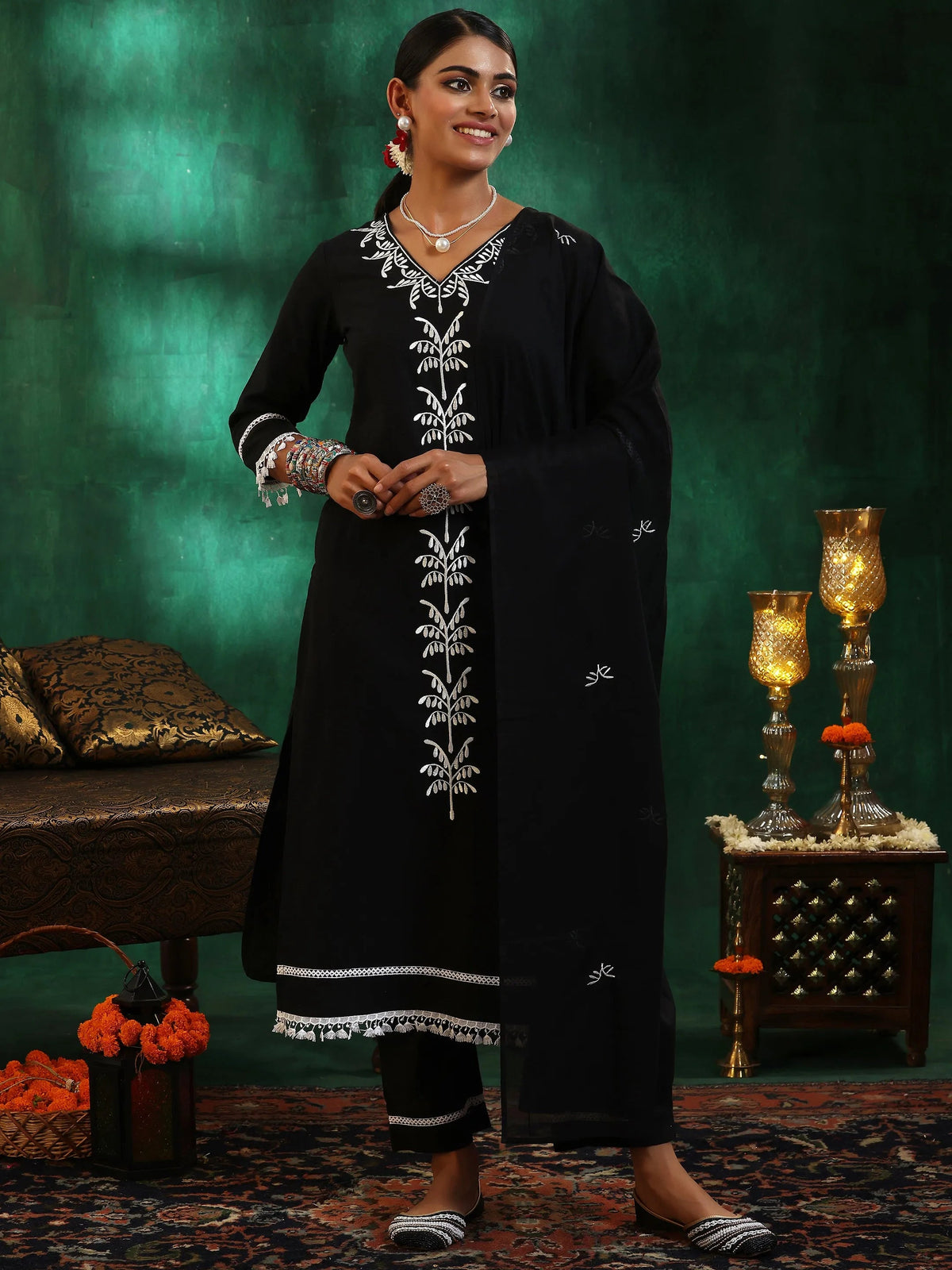 Anouk Black Embroidered Cotton Straight Suit With Dupatta