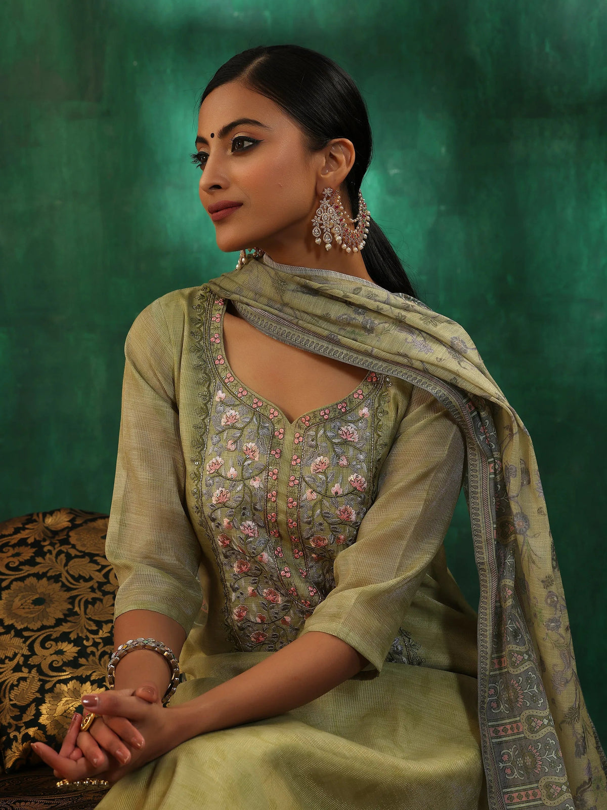 Anouk Green Yoke Design Silk Blend Straight Suit With Dupatta