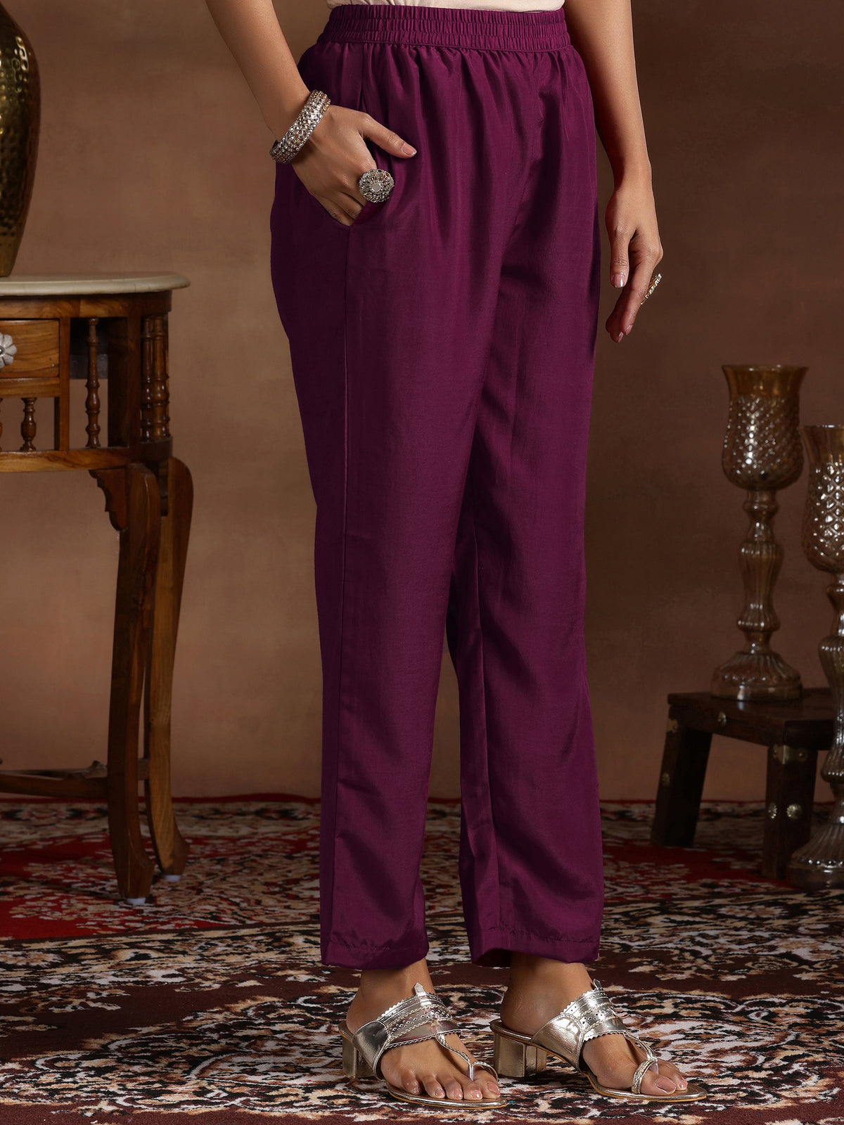 Anouk Wine Embroidered Silk Blend Straight Suit With Dupatta