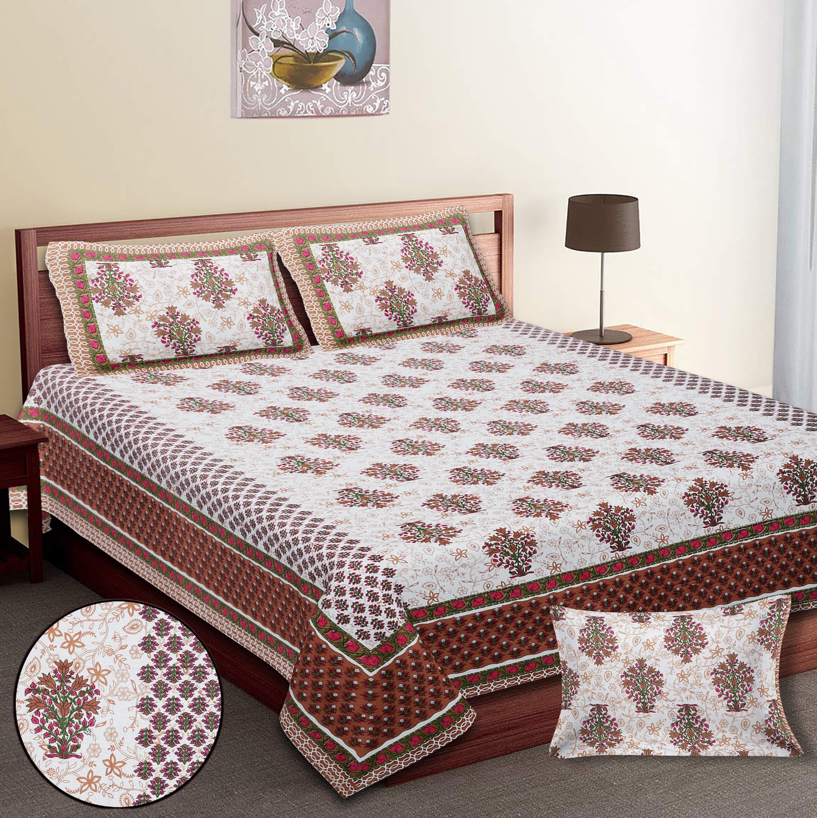 King-Size Cotton Bedsheet Set with Pillow Covers