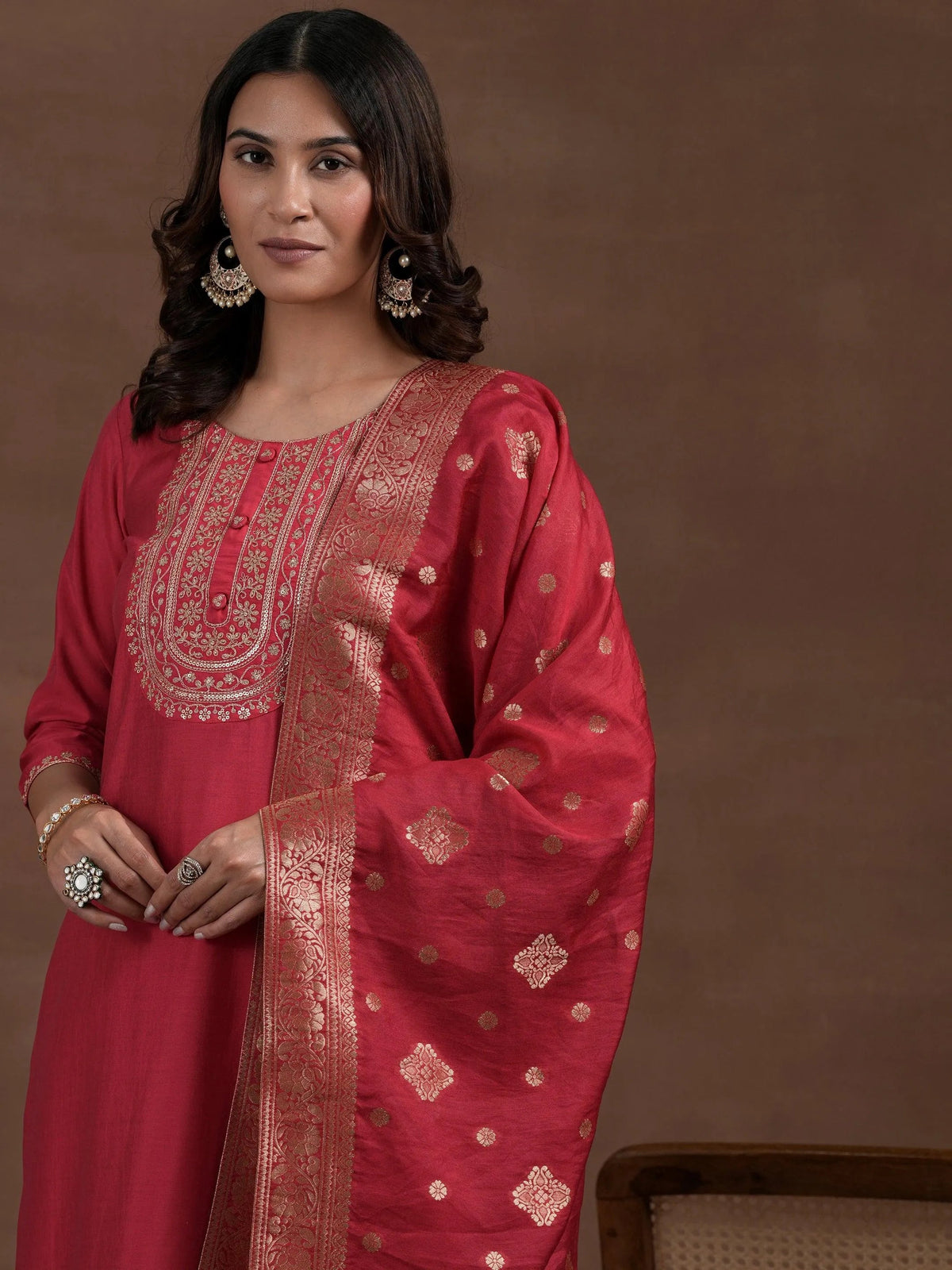 Anouk Pink Yoke Design Silk Blend Straight Suit With Dupatta