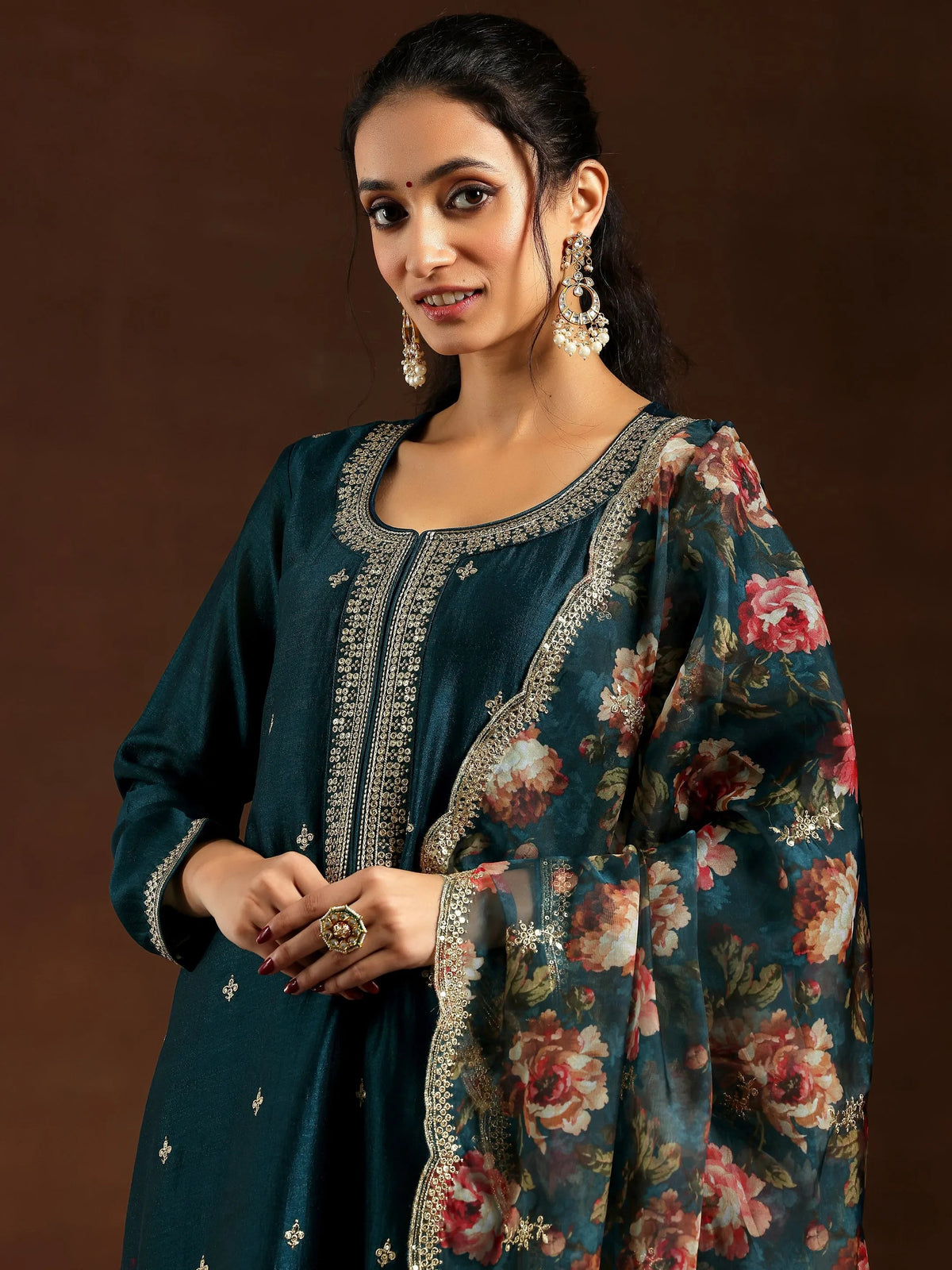 Anouk Teal Embroidered Silk Blend Straight Suit With Dupatta