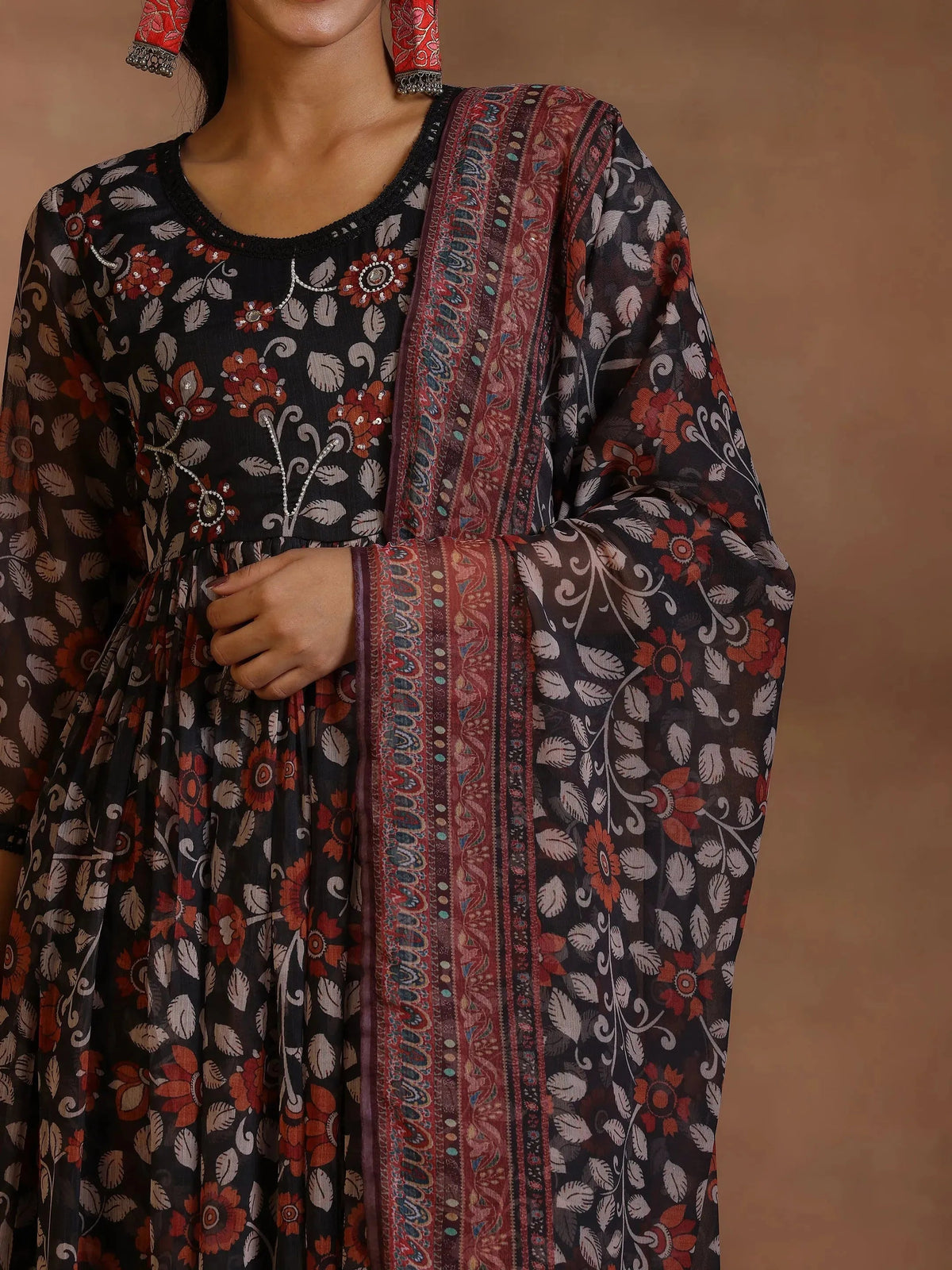 Anouk Black Printed Poly Chiffon A-Line Kurta With Palazzos & Dupatta