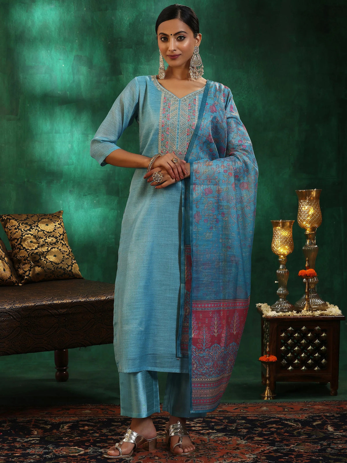 Anouk Turquoise Blue Yoke Design Silk Blend Straight Suit With Dupatta