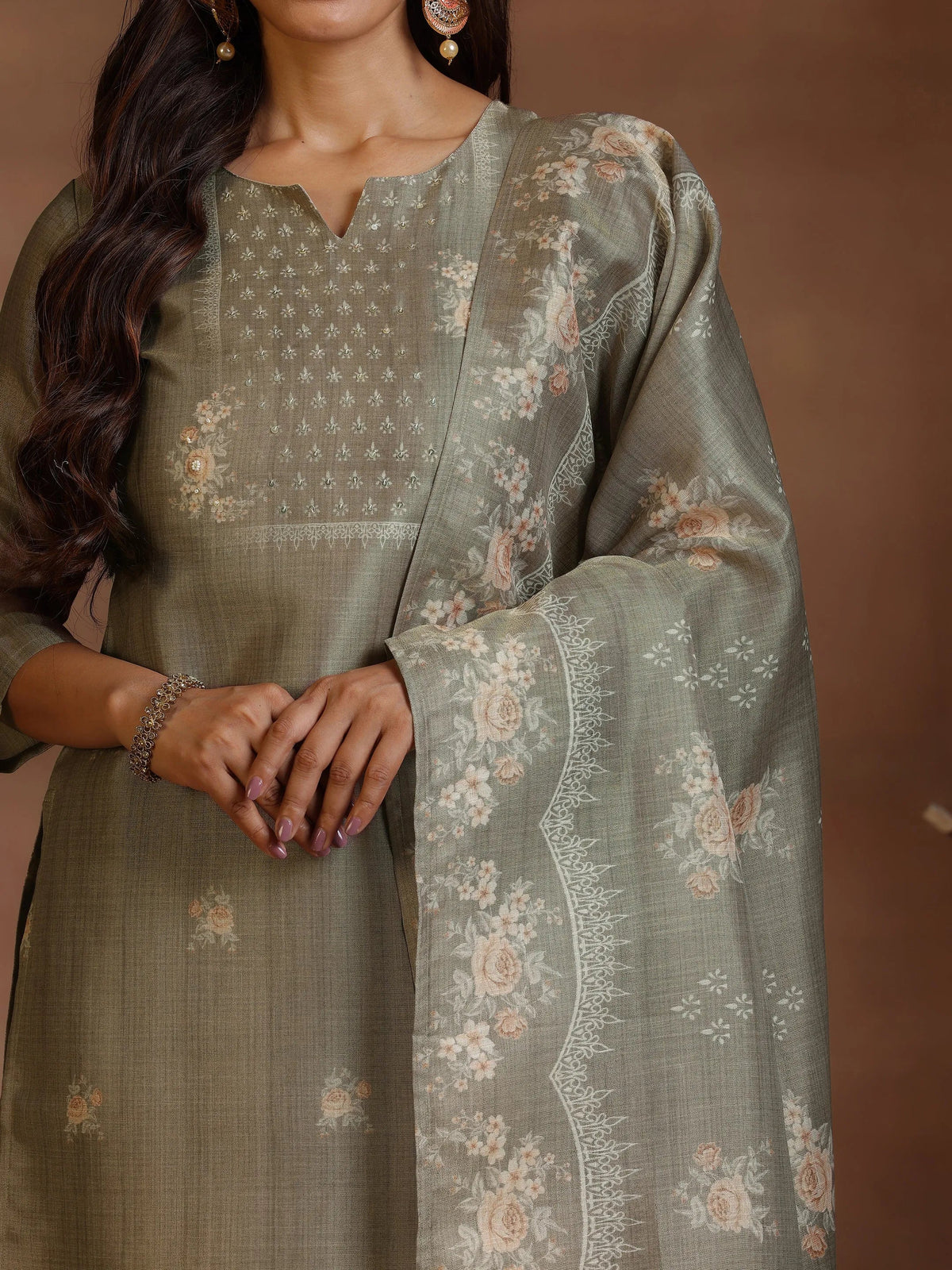 Anouk Brown Printed Silk Straight Suit With Dupatta