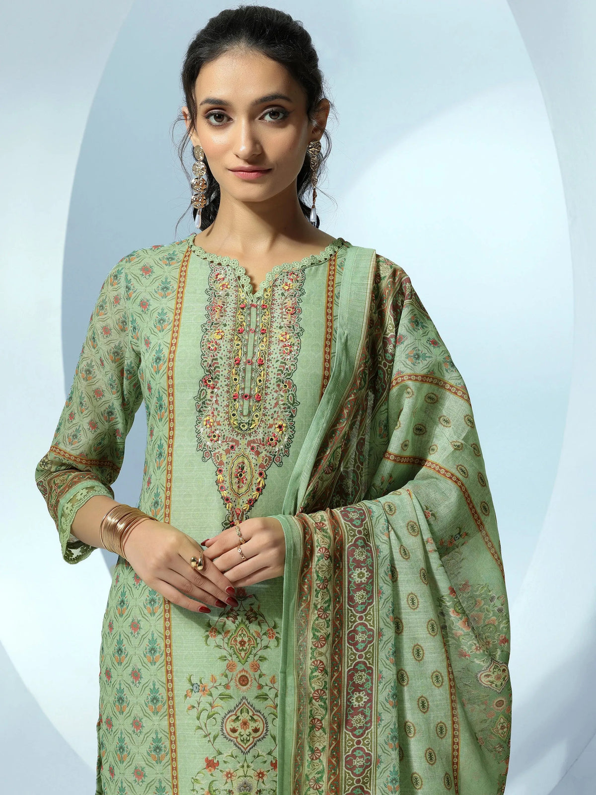 Anouk Green Printed Cotton Blend Straight Suit With Dupatta