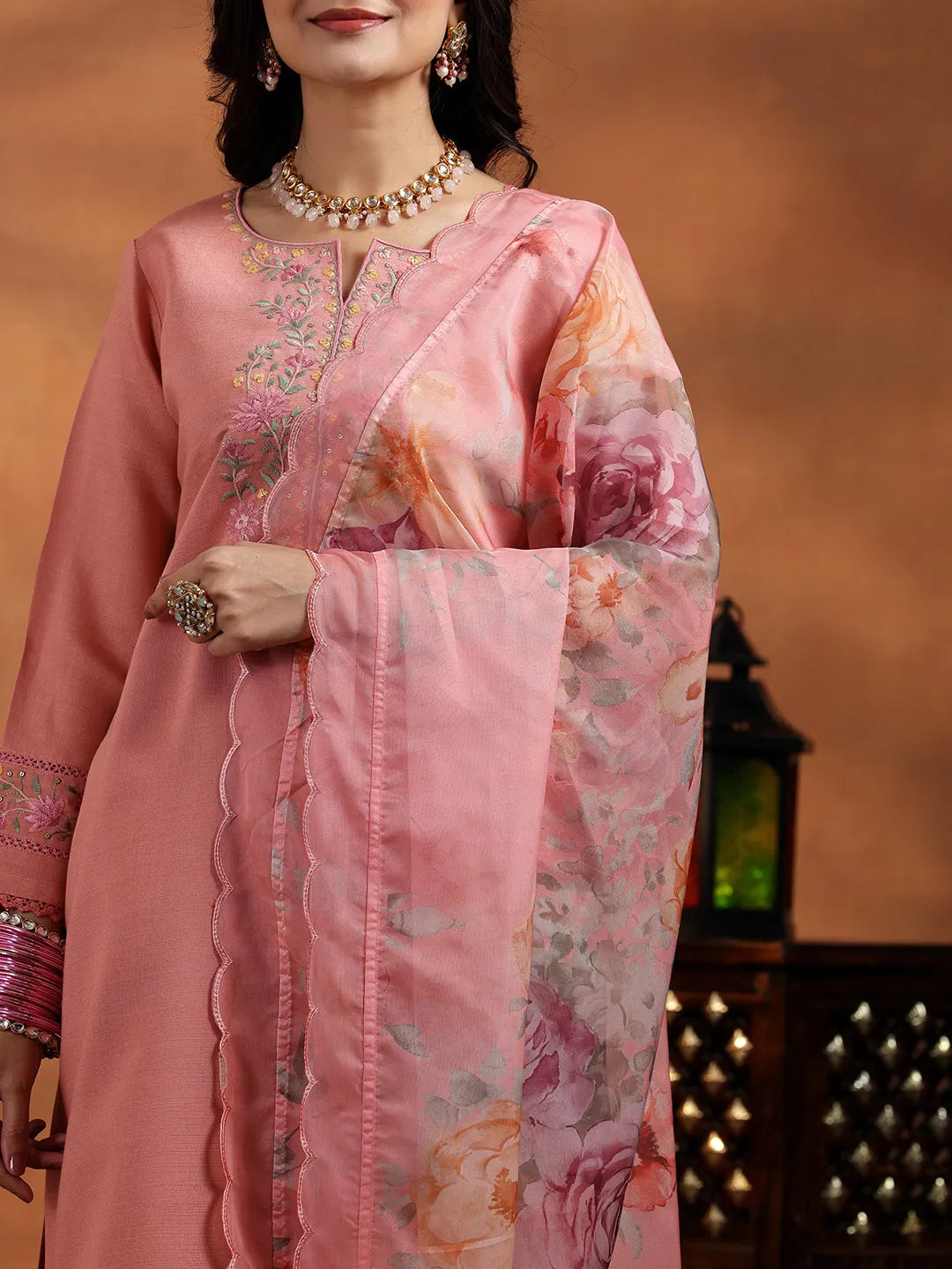 Anouk Peach Yoke Design Silk Blend Straight Suit With Dupatta
