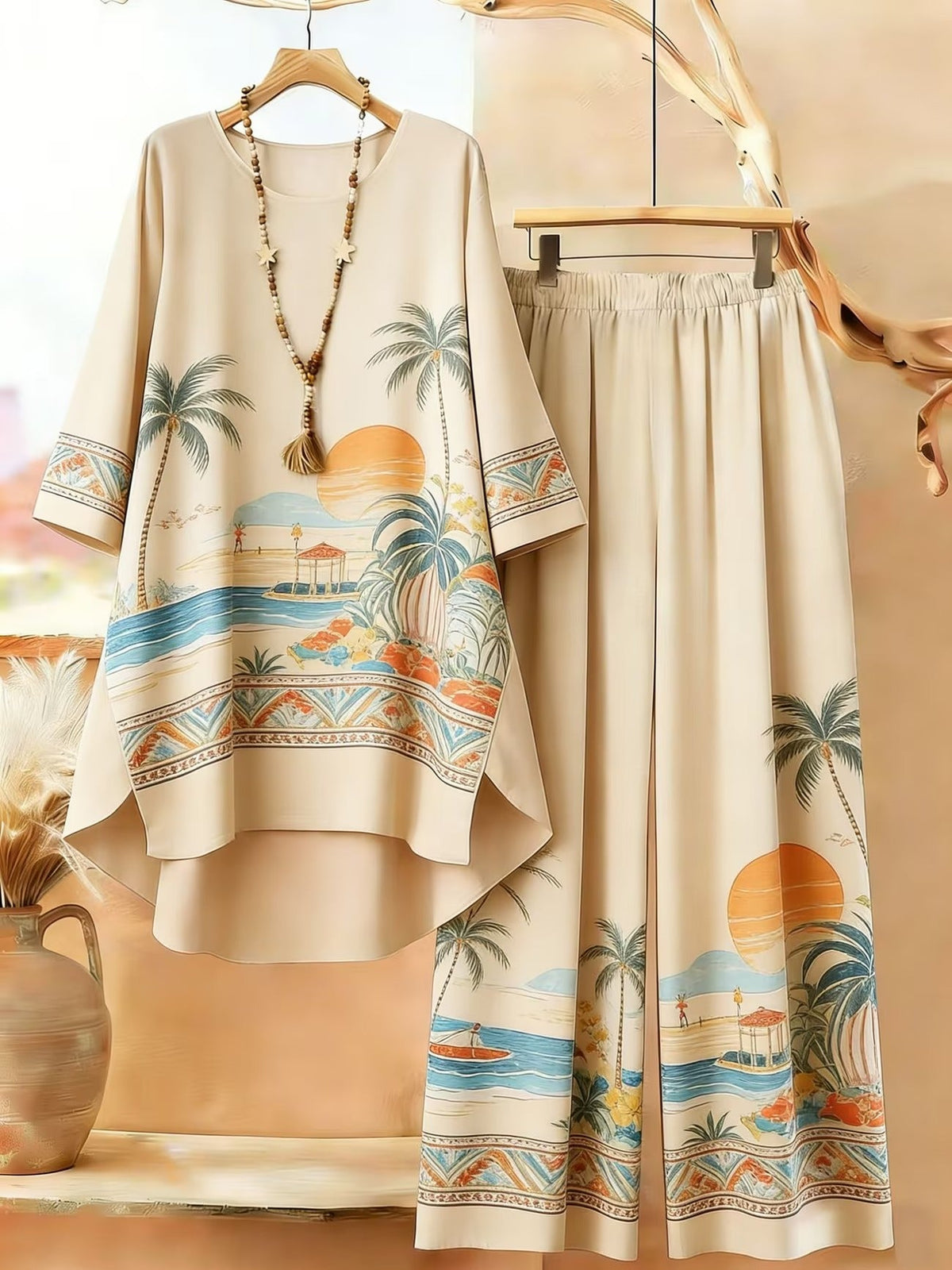 Featuring Persian Floral Print Design, Crew Neck, Dipped Hem, Suitable for Everyday Casual Wear, Comfortable and Stylish