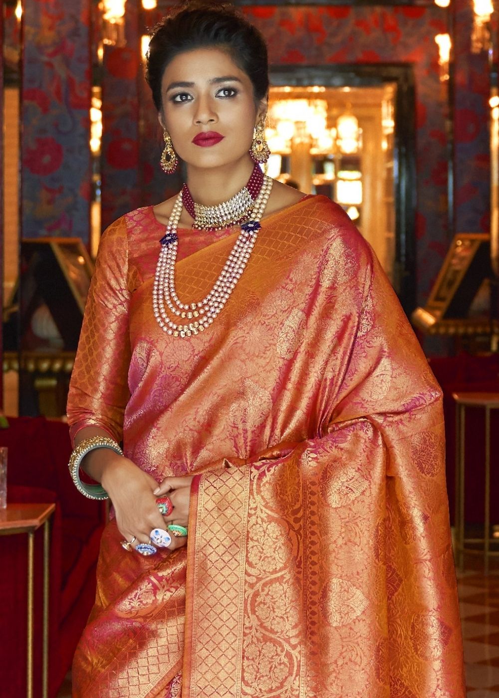Blush Red and Golden Blend Woven Kanjivaram Soft Silk Saree
