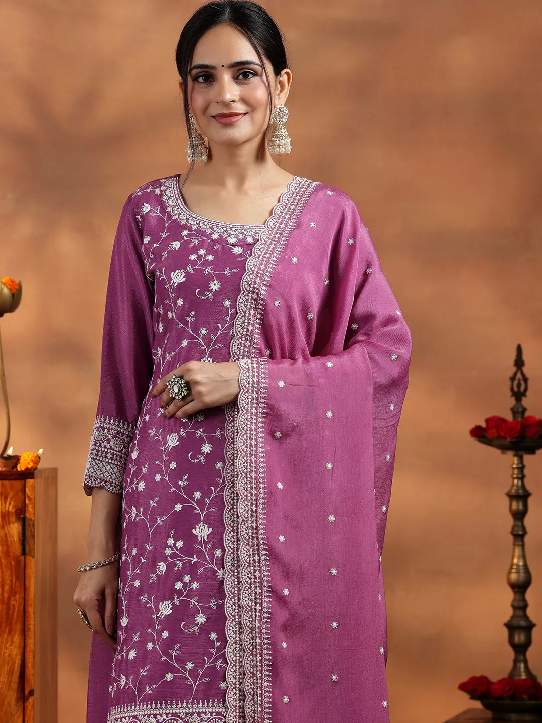 Anouk Mauve Embroidered Silk Blend Straight Suit With Dupatta
