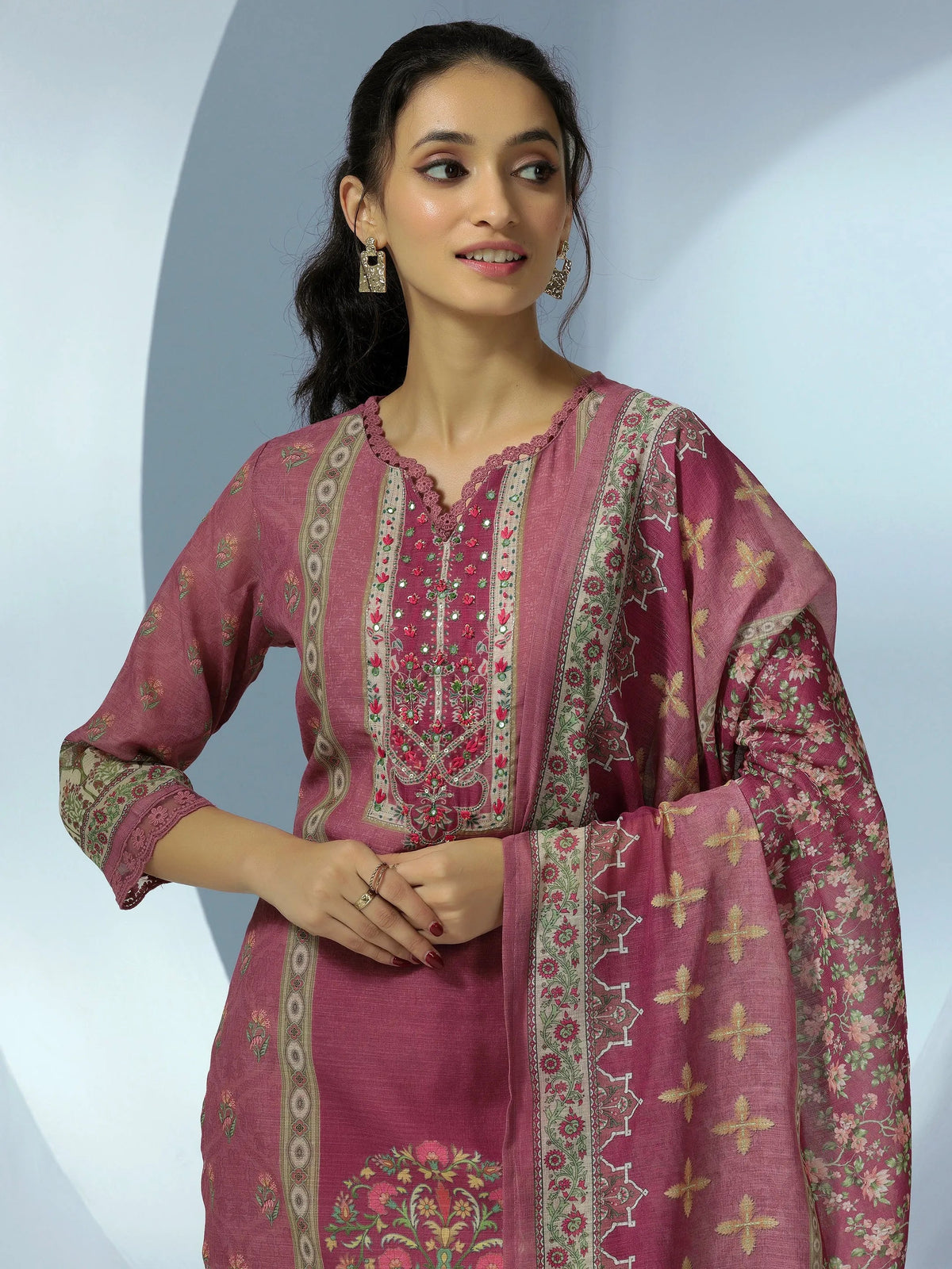 Anouk Mauve Printed Cotton Blend Straight Suit With Dupatta
