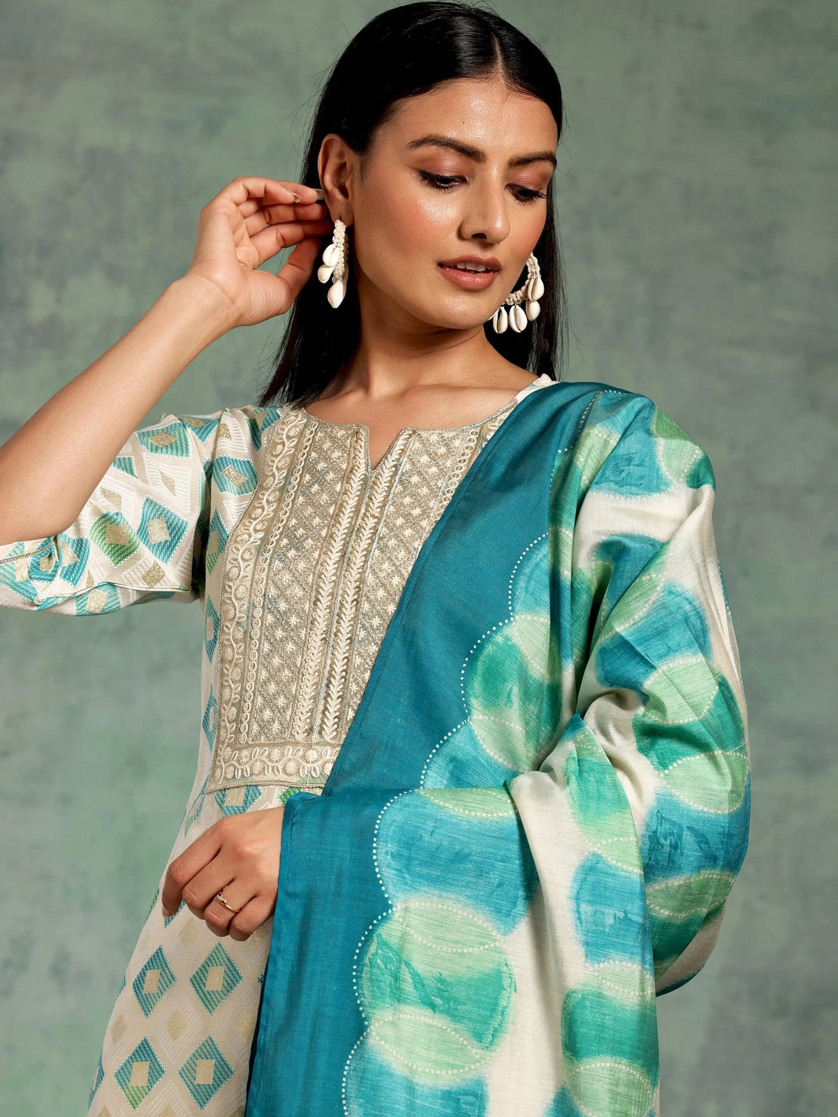 Anouk Off White Printed Silk Blend Straight Suit With Dupatta