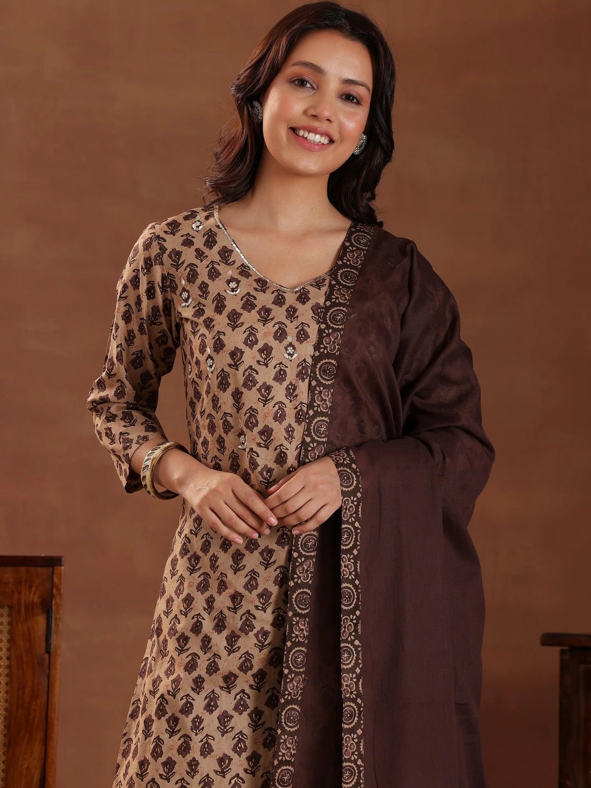 Anouk Brown Printed Cotton Straight Suit With Dupatta