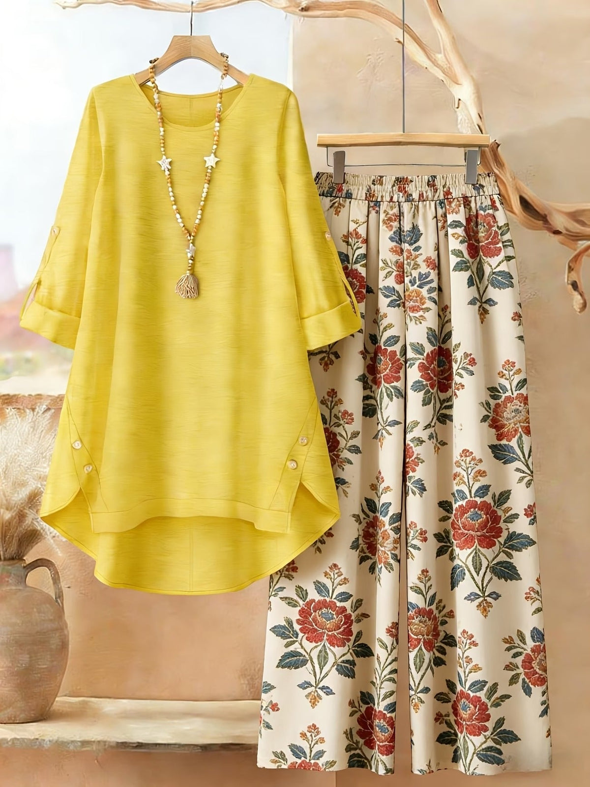 Plus Size Retro Print Two-Piece Set – Casual Long Sleeve Top & Comfortable Pants Outfit for Women