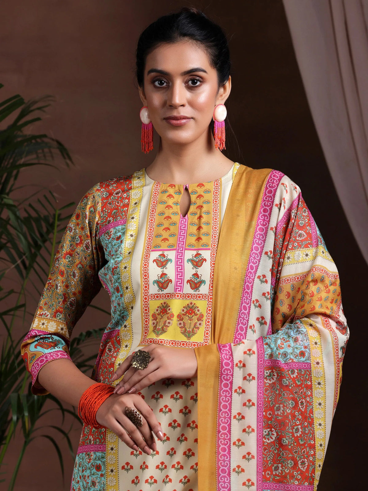 Anouk Mustard Printed Poly Crepe Straight Suit With Dupatta