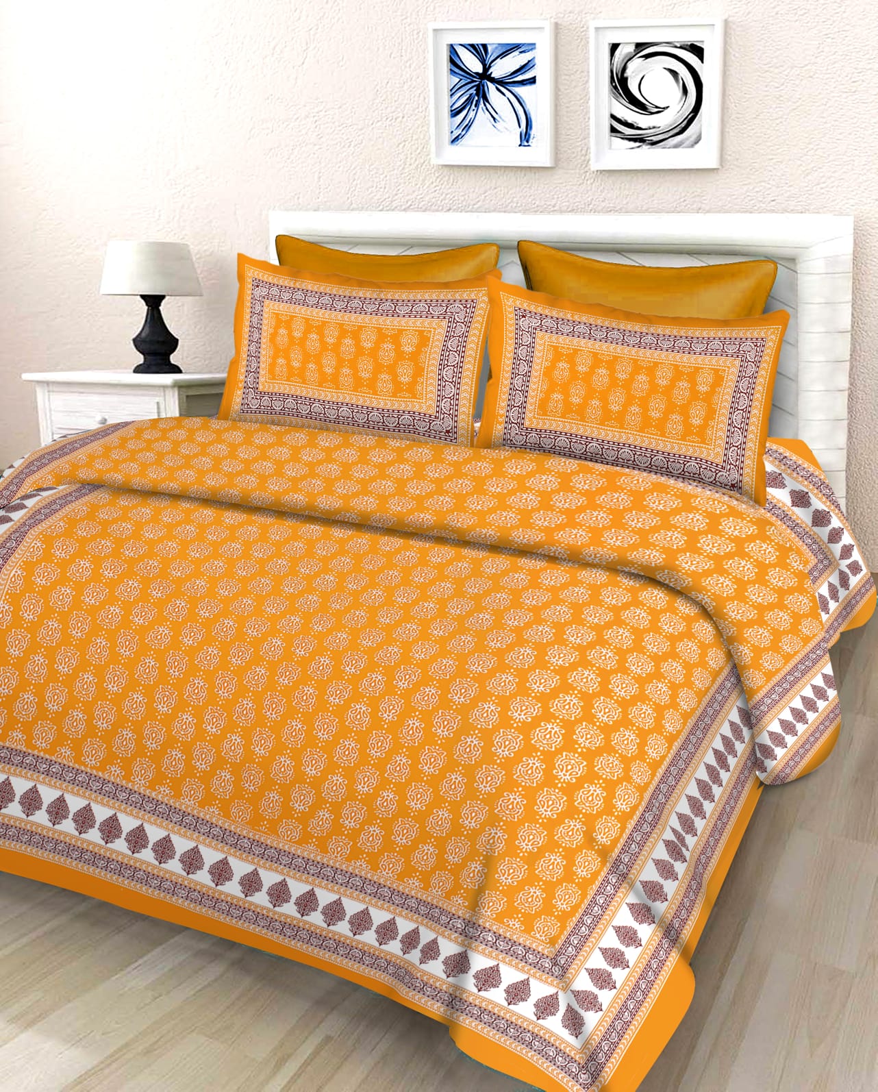 Jaipuri Double Bedsheet Set with Two Pillow Covers - 90x100 Size