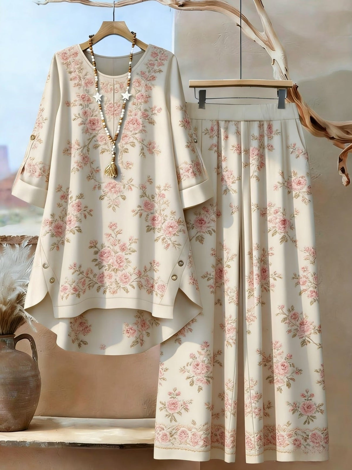 Plus Size Retro Printed Two-Piece Set – Casual Long Sleeve Top & Comfortable Pants Outfit for Women