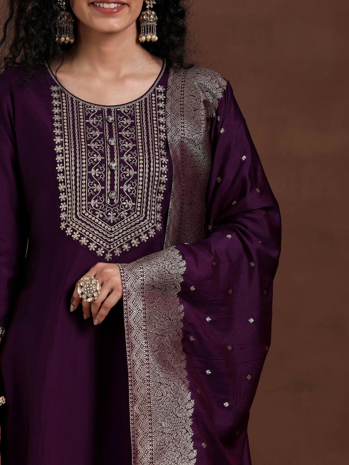 Anouk Wine Yoke Design Silk Blend Straight Suit With Dupatta