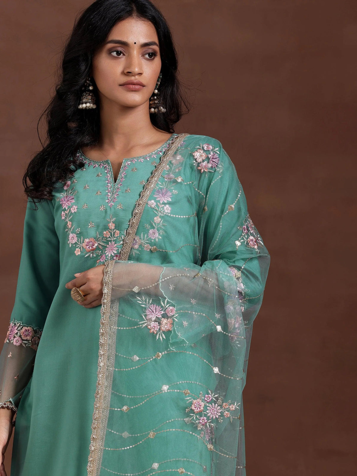 Anouk Green Yoke Design Silk Blend Straight Suit With Dupatta