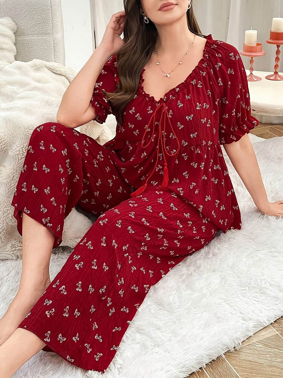 Chic Bow Print Lounge Co-Ord Set