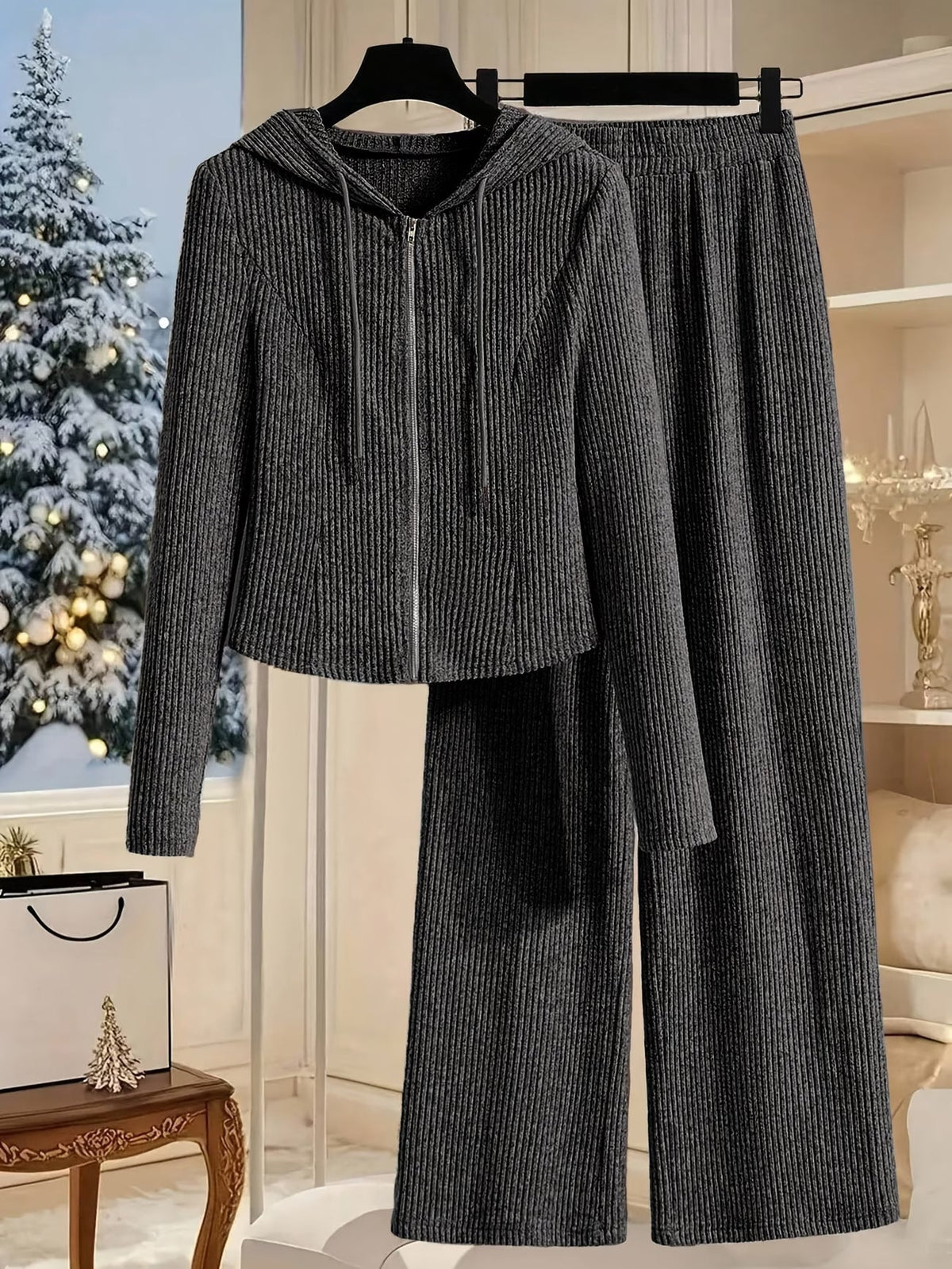 Women’s Hooded Long Sleeve Top & Pants Co-Ord Set – Elegant Solid Color Lounge Wear