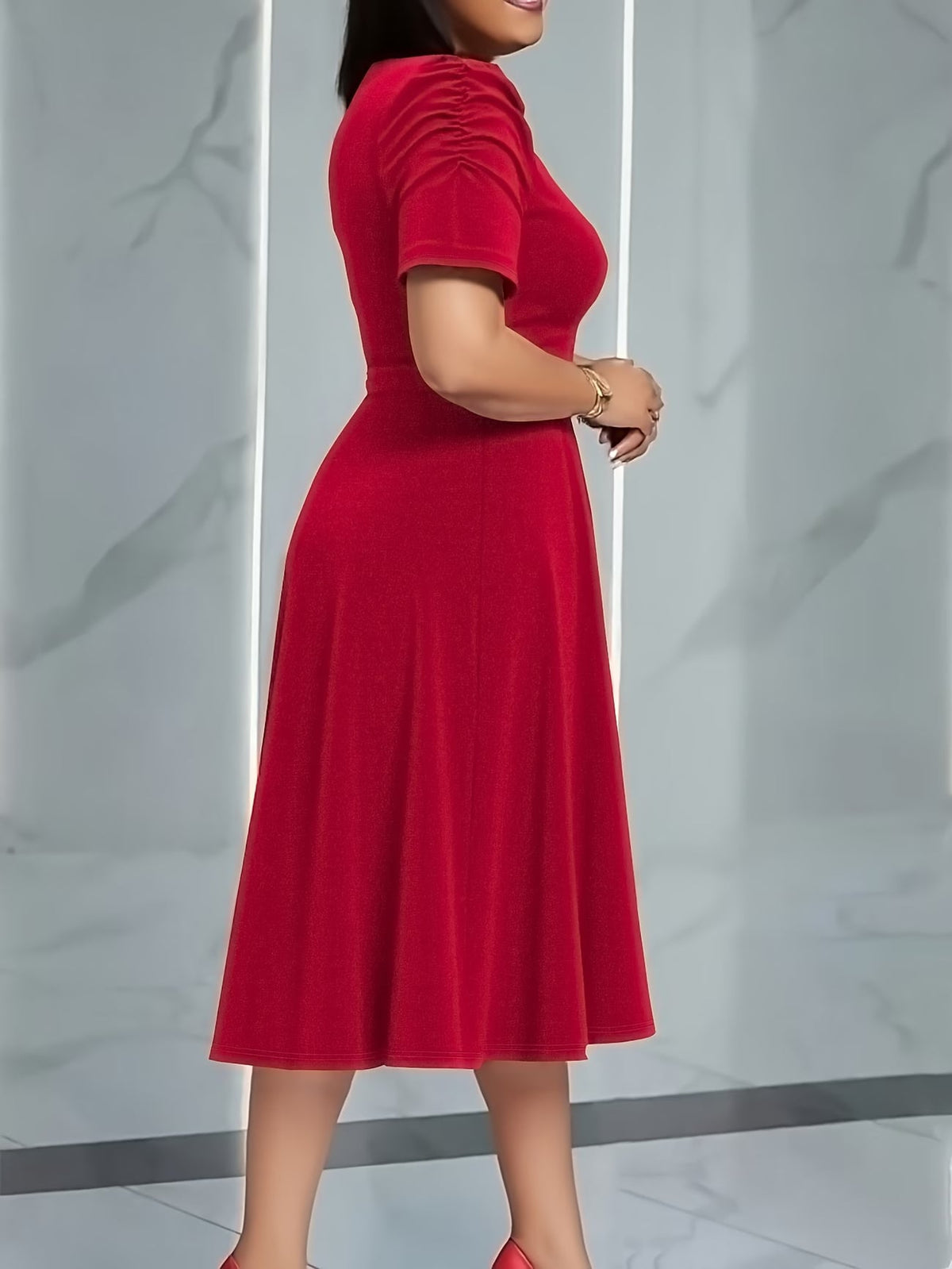 Women's Elegant V-Neck Ruffle Midi Dress with Waist Belt