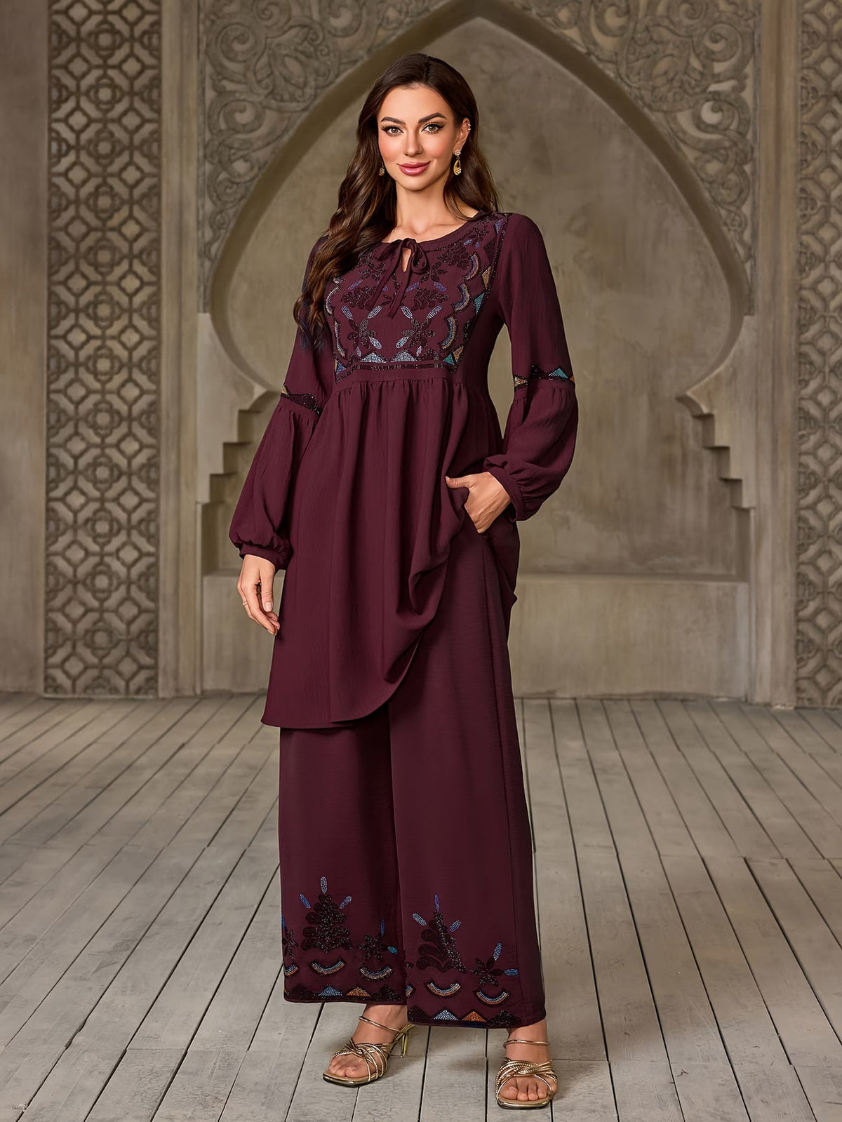 Women's Elegant Rhinestone Detail Long Sleeve Top & Wide-Leg Pants Set