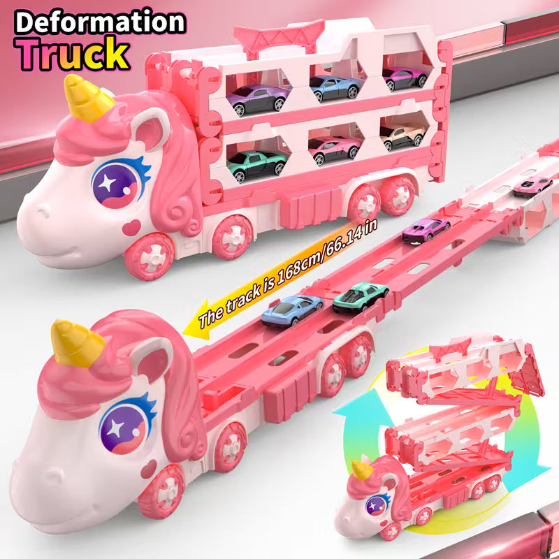 Kids Transport Truck Toy with Dual Tracks & 2 Metal Cars 🚛🏁