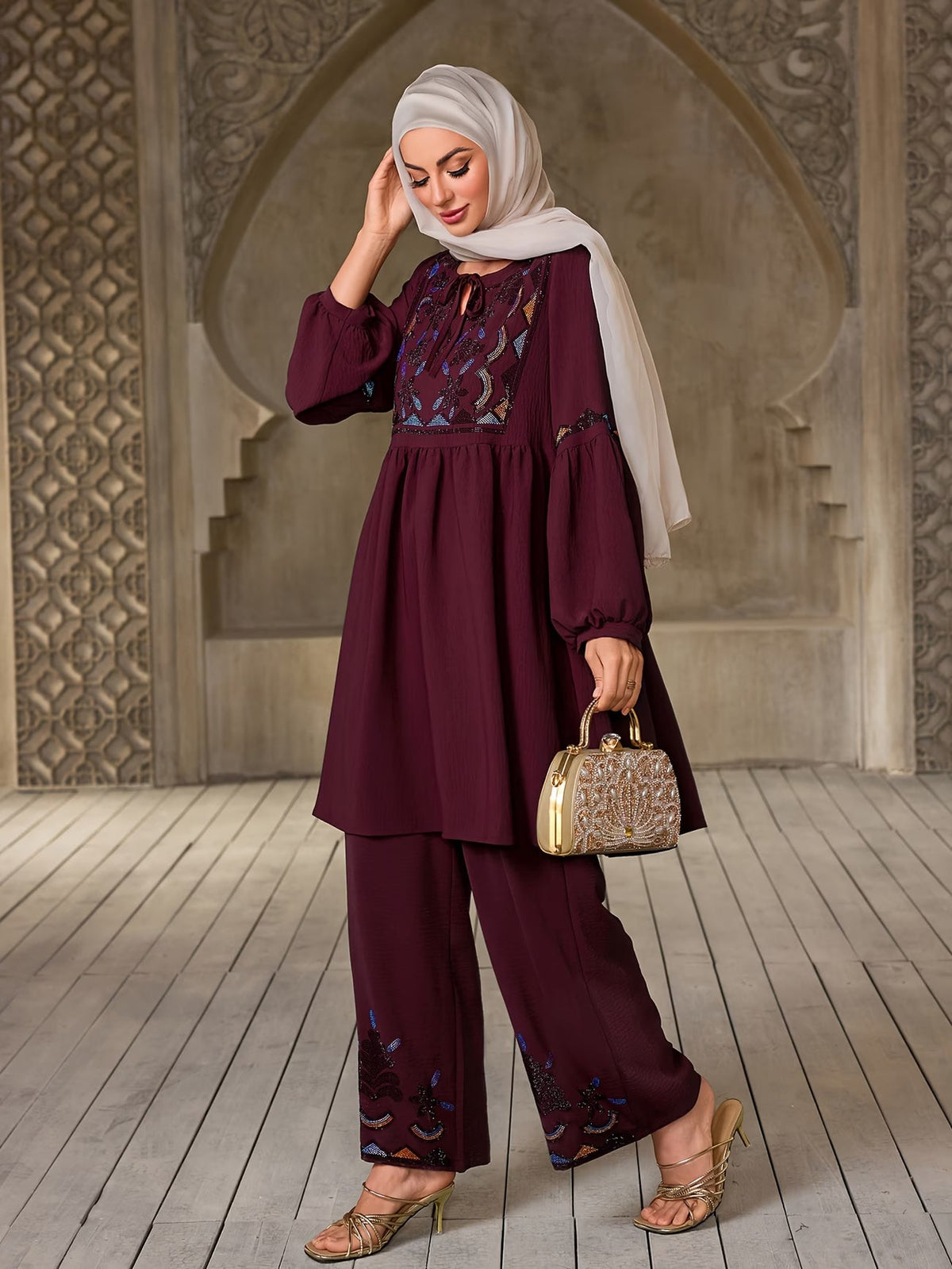 Women's Elegant Rhinestone Detail Long Sleeve Top & Wide-Leg Pants Set